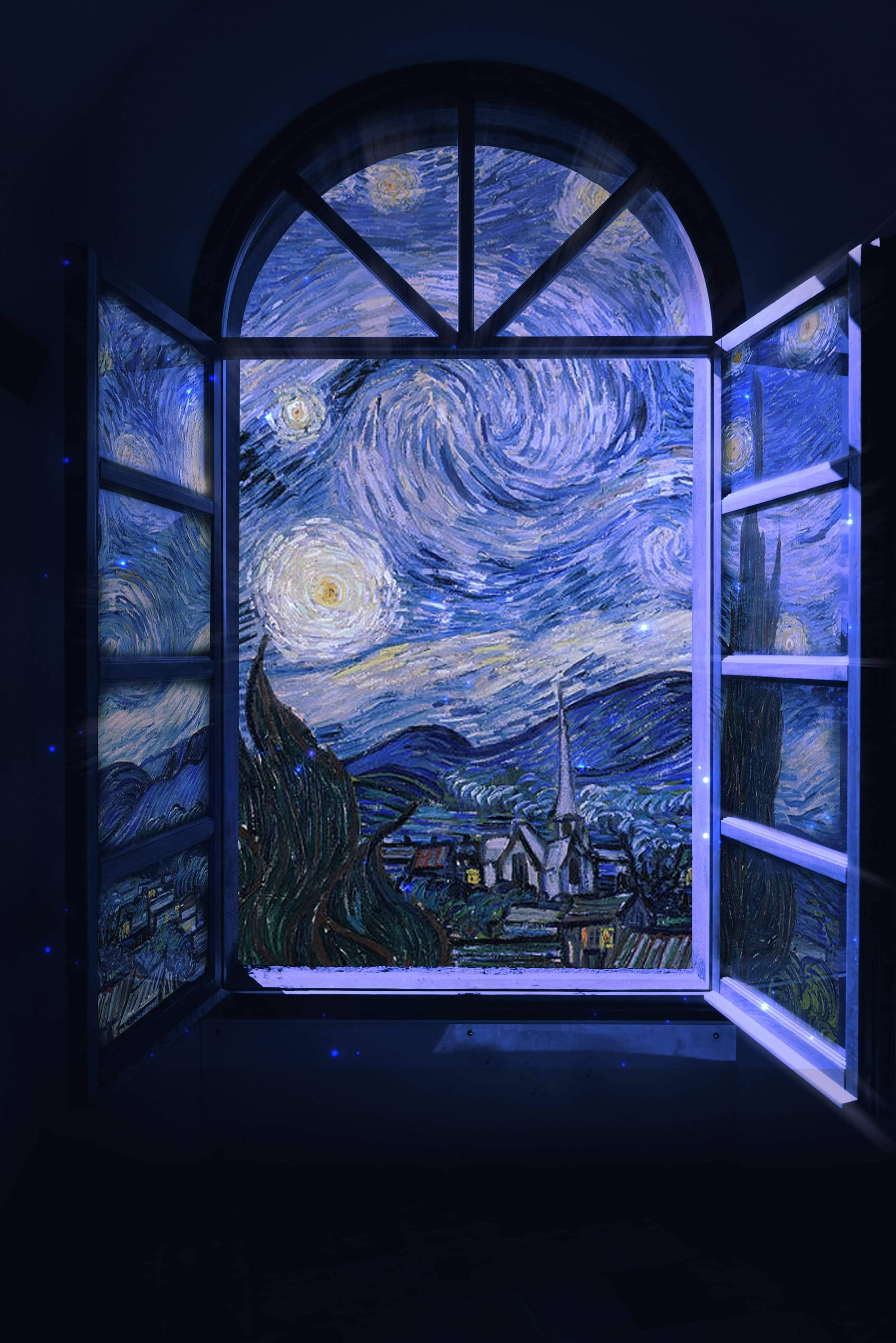 Mixed Media Van Gogh Starry Night Window Picha ya Ukuta