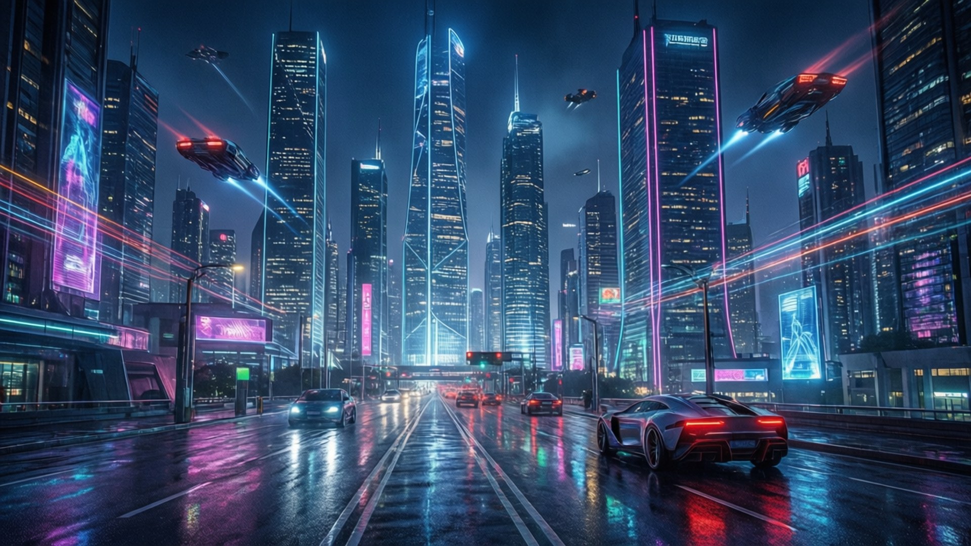 Mji wa Cyberpunk wa Neon Picha ya Ukuta