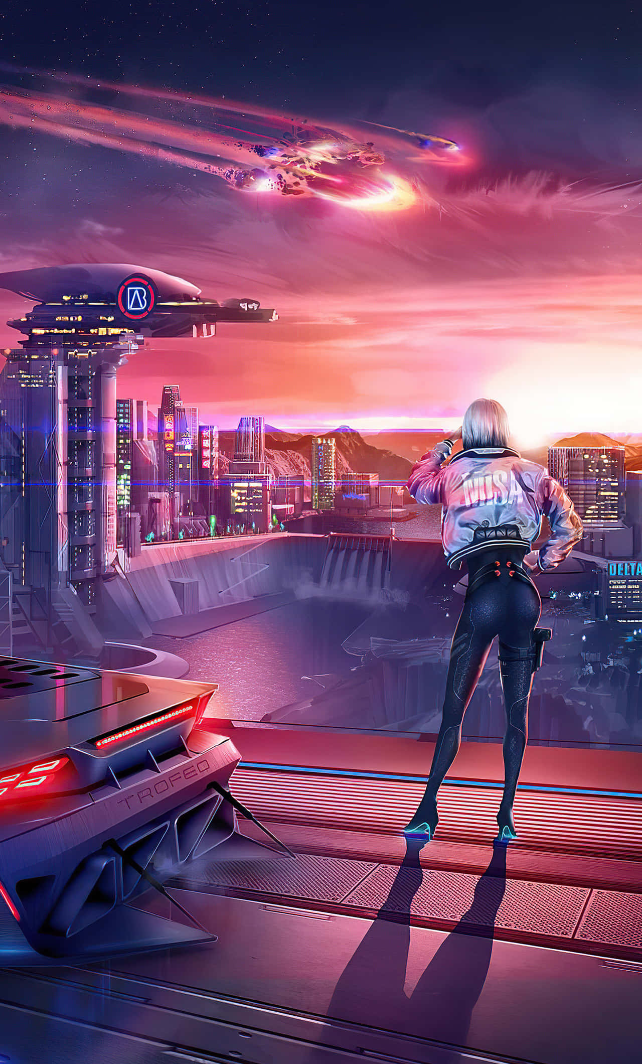 "Mji wa kikamilifu wa Night City, ulio katika dunia ya kikamilifu ya Cyberpunk." Picha ya Ukuta