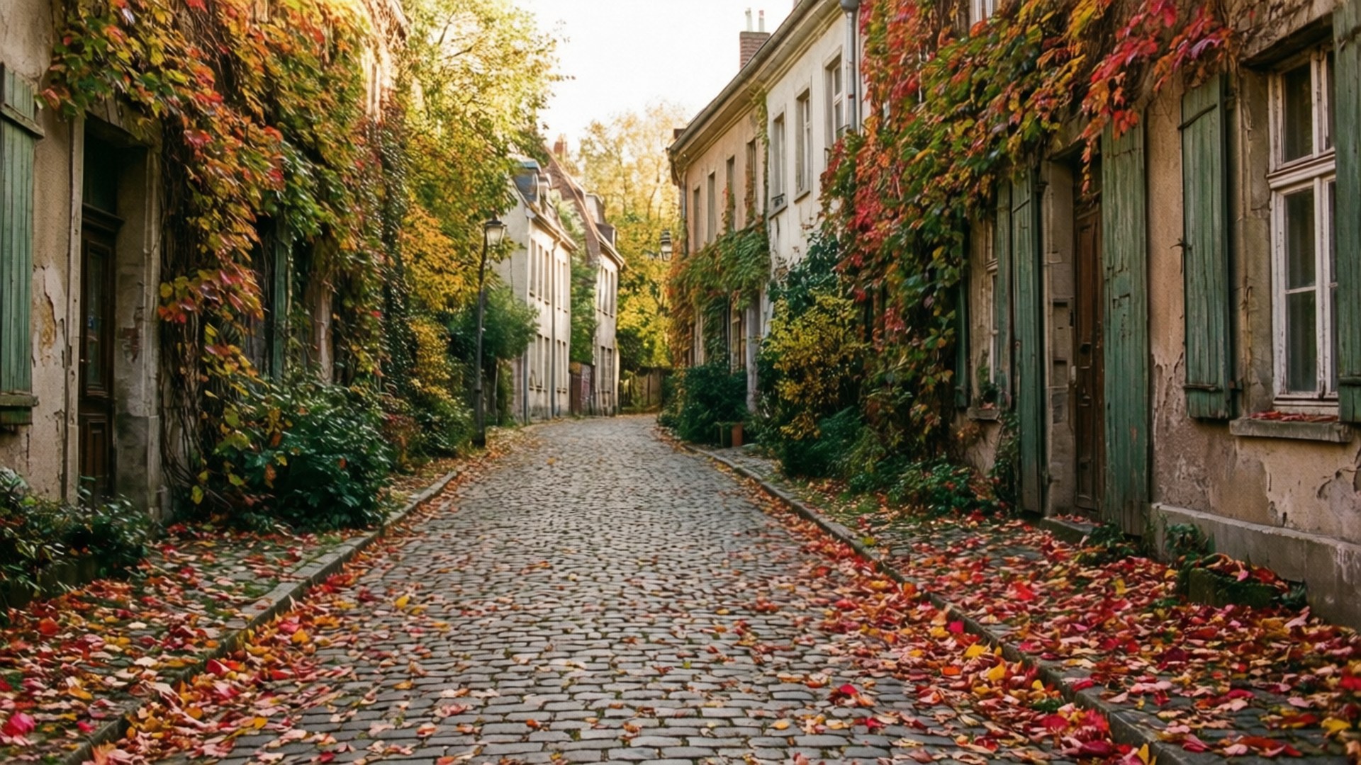 Mji wa Ulaya wa Mawe ya Kuchonga na Majani ya Autumn Picha ya Ukuta