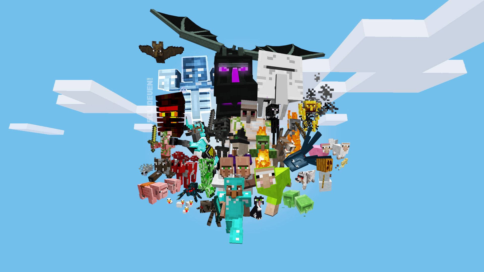 Mkusanyiko wa Viumbe katika Anga za Mchana za Minecraft Picha ya Ukuta