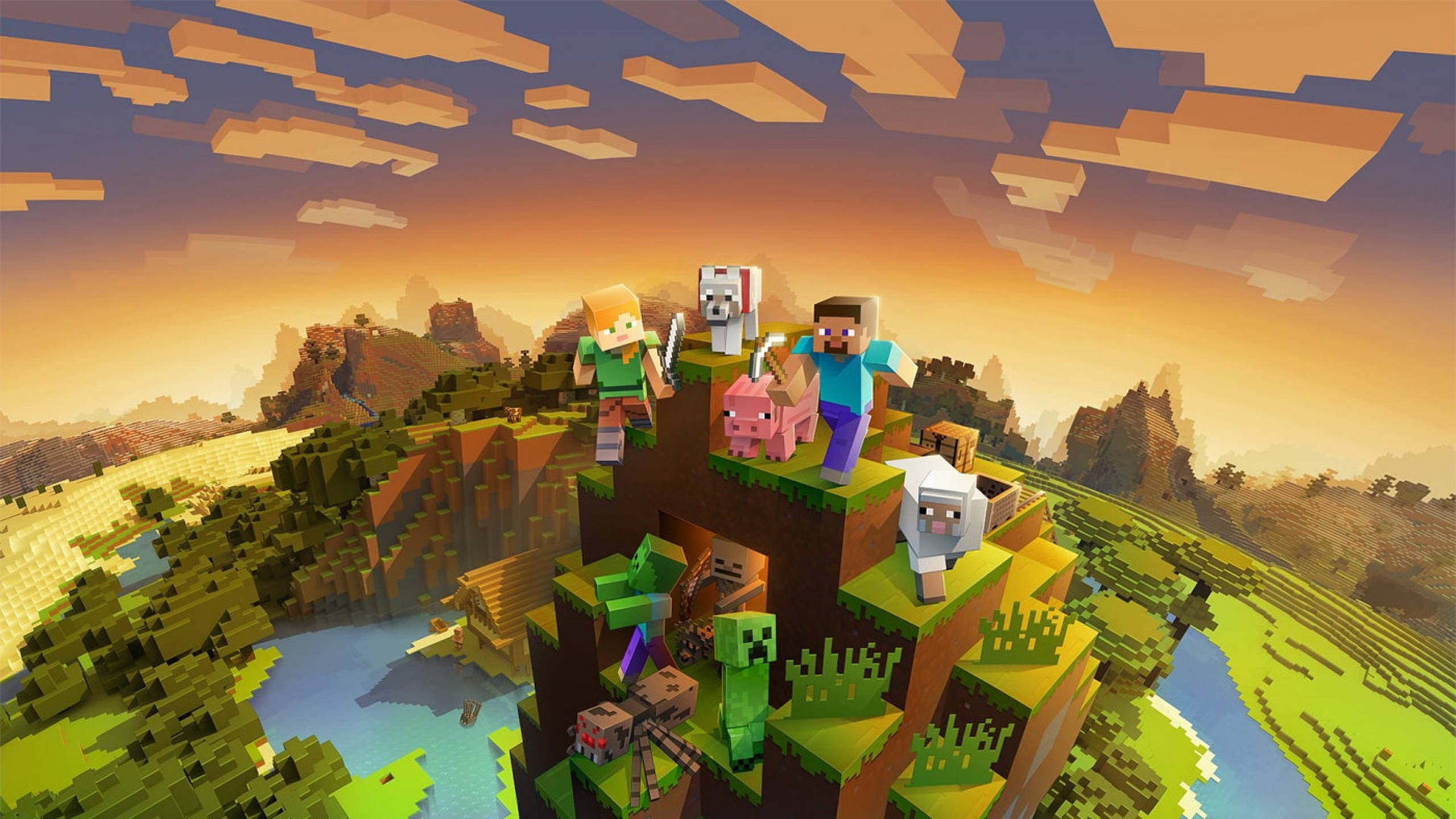 Mlima Wakati wa Machweo 2560x1440 Minecraft Picha ya Ukuta