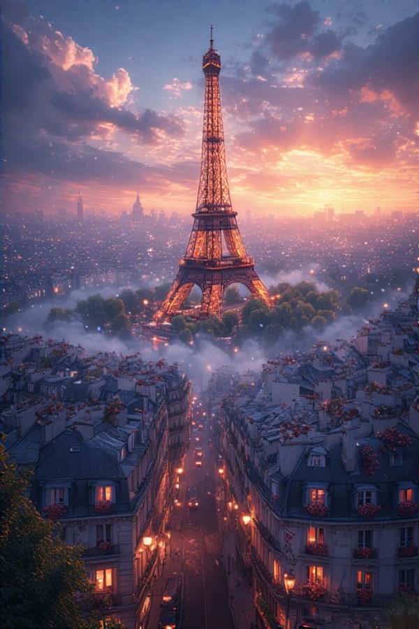 Mnara wa Eiffel wakati wa Mapambazuko juu ya Mapaa ya Paris 4K Picha ya Ukuta