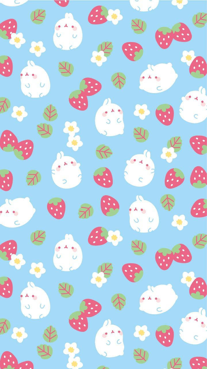 Molang Akifurahia Strawberry Kubwa kwa Mtindo wa Kawaii Picha ya Ukuta