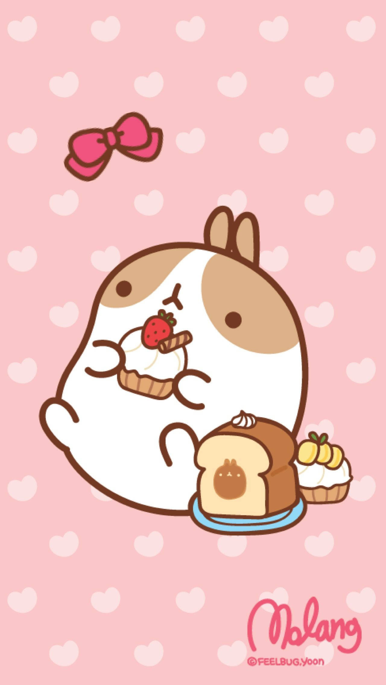 Molang Akila Kwenye Madoadoa ya Waridi ya Kawaii Picha ya Ukuta