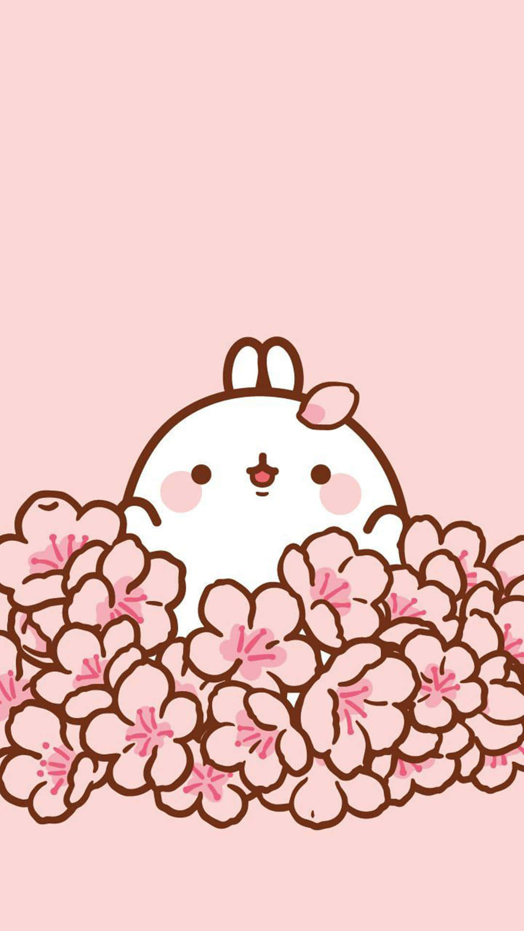 Molang Mzuri wa Kawaii Akiwa na Maua Picha ya Ukuta