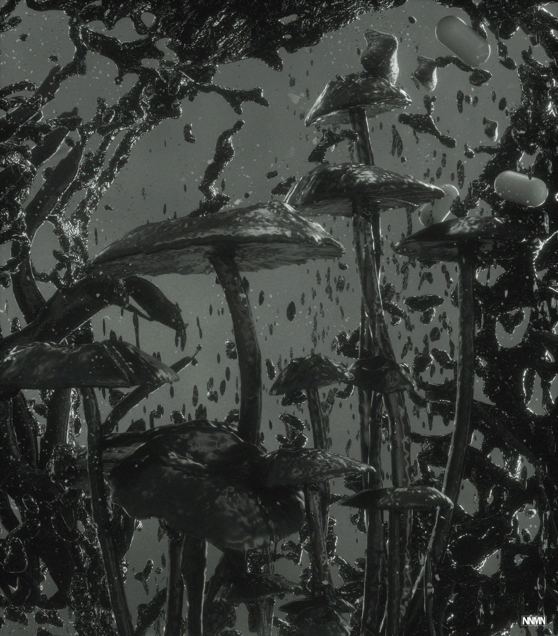 Monochrome Mushroom Painting Picha ya Ukuta