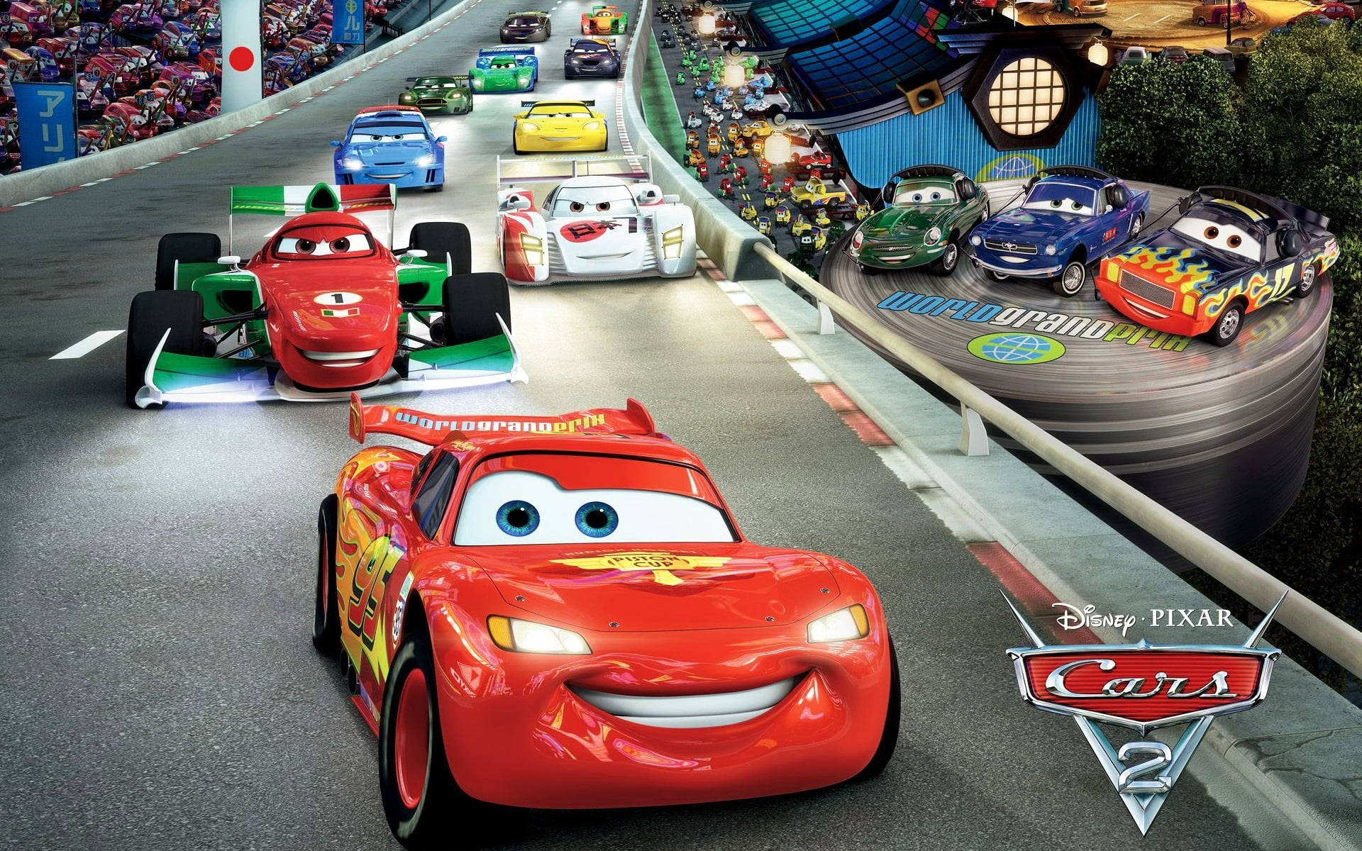 Mpangilio wa Kuvutia wa Wanariadha wa Mashindano ya Dunia ya Grand Prix katika Cars 2 Picha ya Ukuta