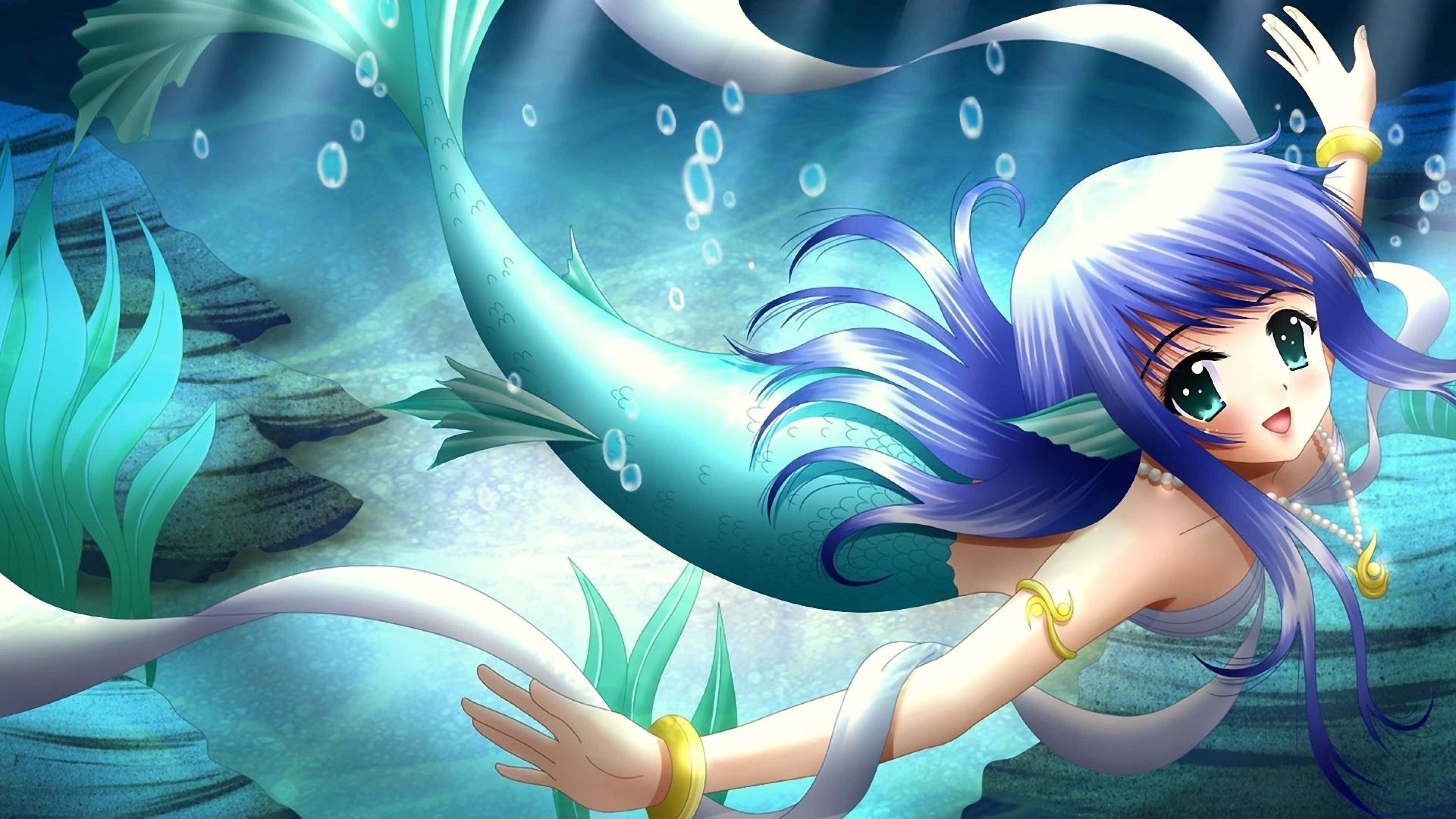 Mrembo wa Katuni Mermaid Mwenye Nywele za Zambarau Picha ya Ukuta