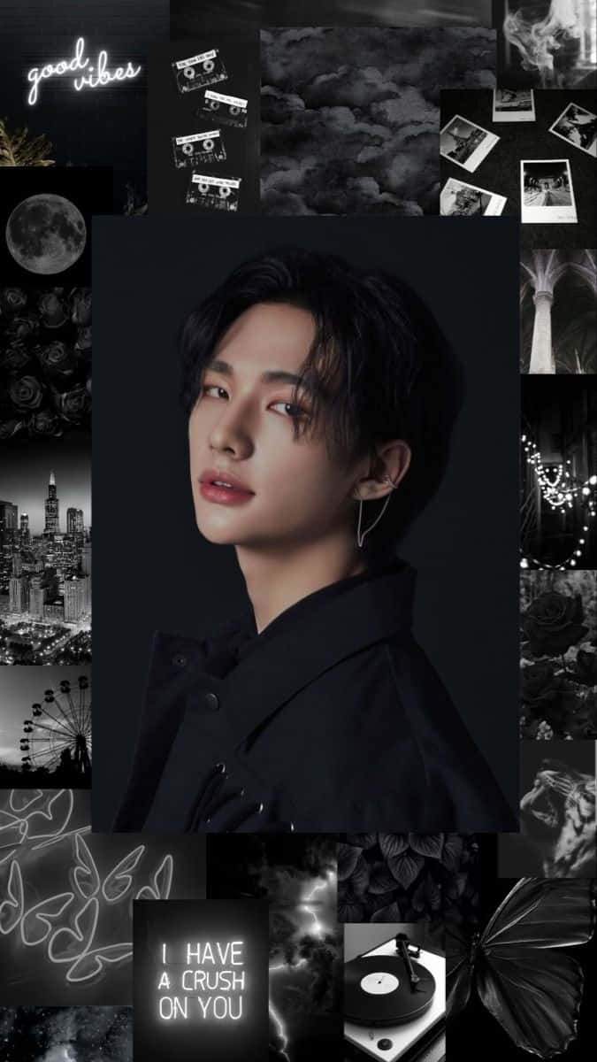 Mrembo wa Korea Kusini Hyunjin Nyeusi na Nyeupe Aesthetic Picha ya Ukuta