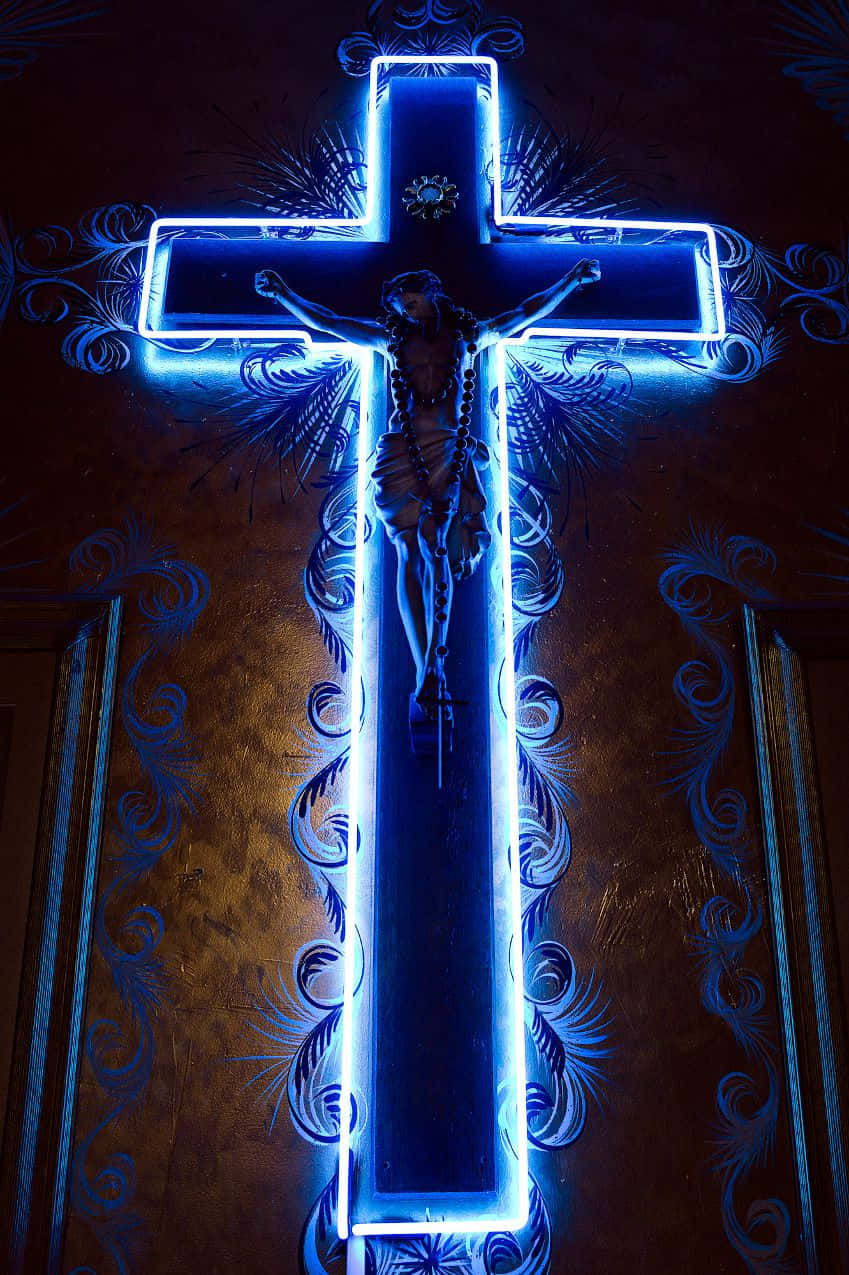 Msalaba wa Neon Yesu wa Bluu ya Neon Picha ya Ukuta