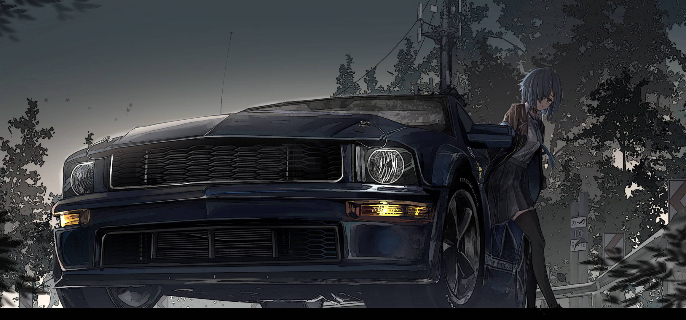 Msichana Akiwa Ameegemea Gari La Mustang Anime Picha ya Ukuta