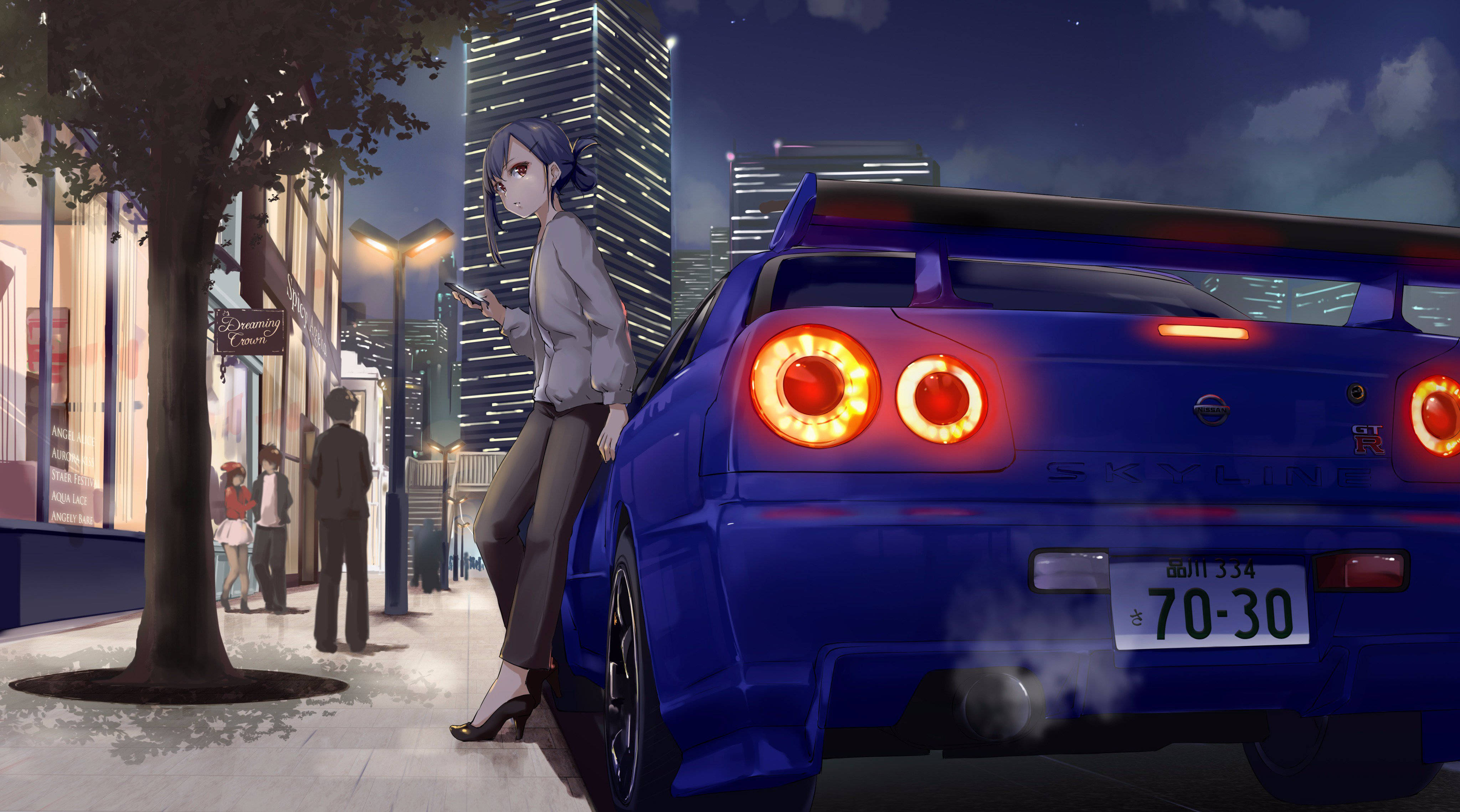 Msichana Akiwa Ameegemea Gari La Nissan Skyline Anime Picha ya Ukuta