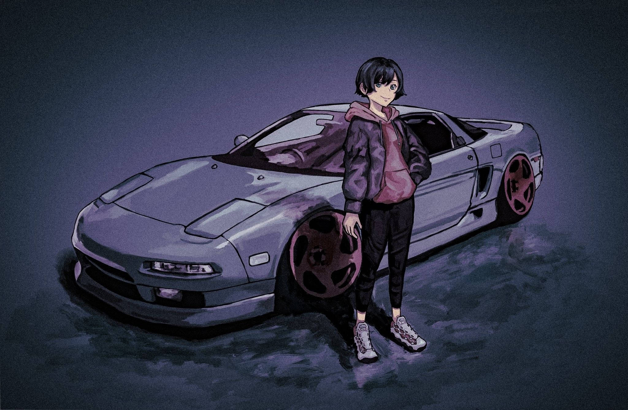 Msichana Katika Hoodie Karibu Na Gari Anime Picha ya Ukuta