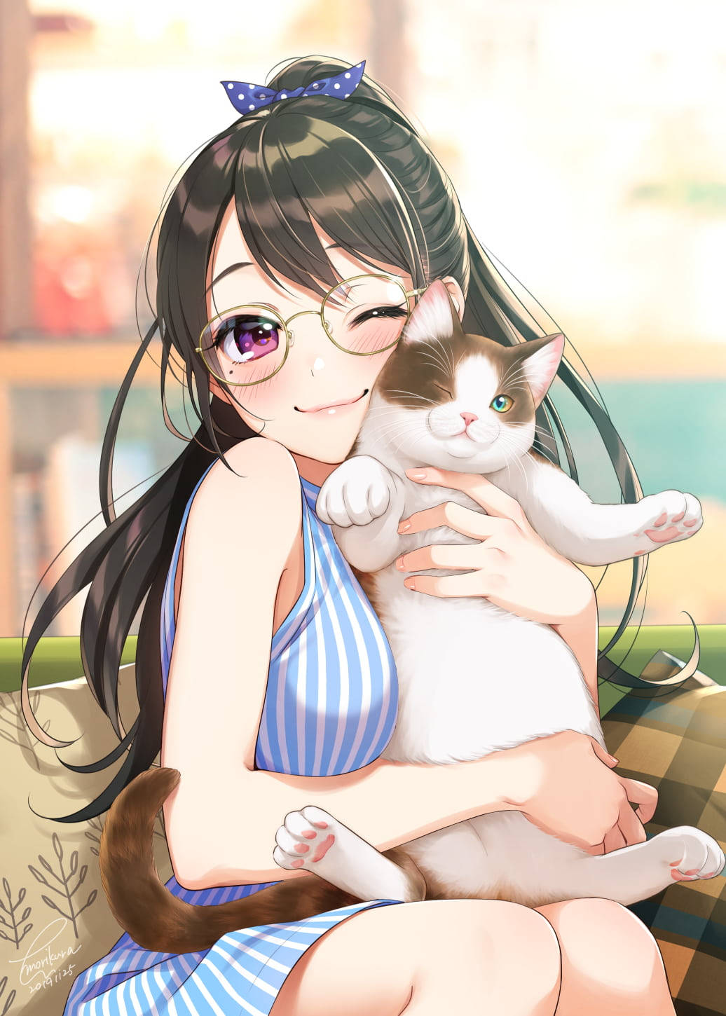Msichana Mrembo wa Anime Kawaii na Paka Picha ya Ukuta