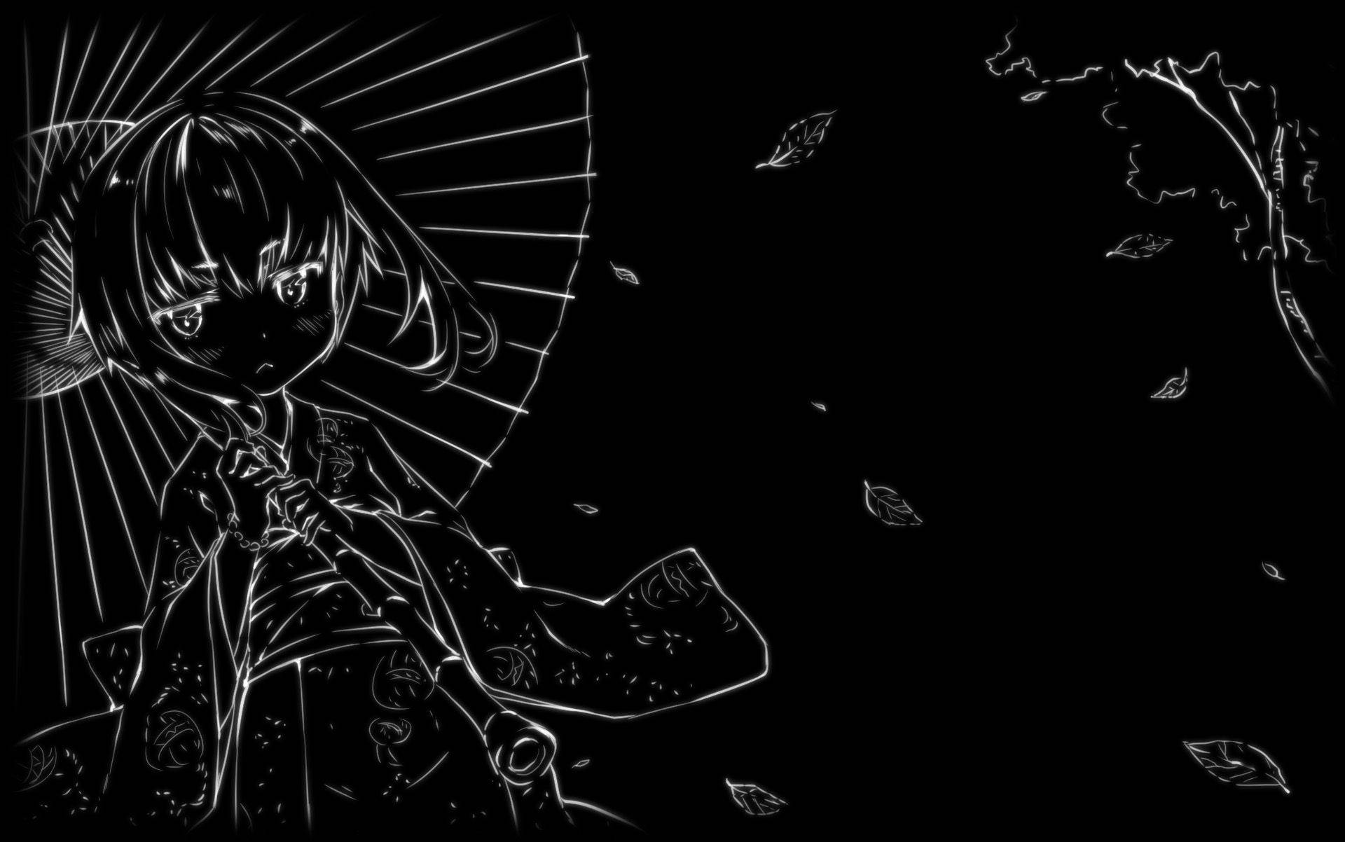 Msichana Mrembo wa Anime wa Aesthetic Nyeusi na Nyeupe Akiwa na Mwavuli Picha ya Ukuta