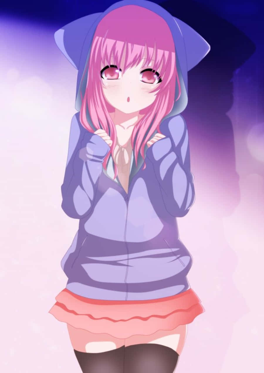 Msichana mzuri wa Anime amevaa hoodie Picha ya Ukuta
