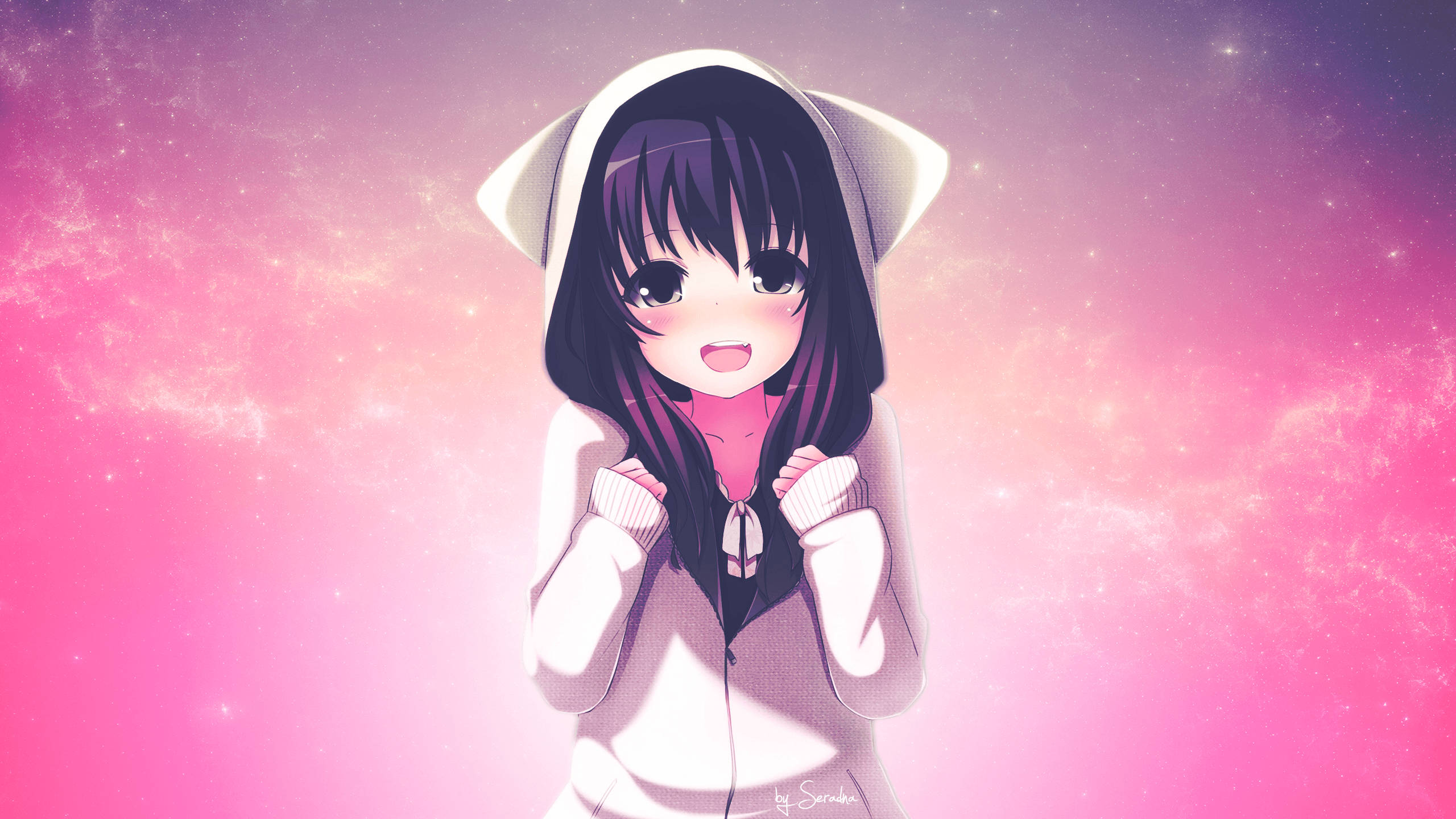 Msichana mzuri wa anime katika hoodie ya kupendeza Picha ya Ukuta