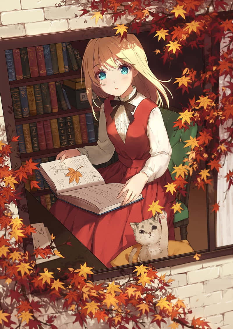 Msichana Na Paka Na Majani Ya Maple Katika Anime Ya Majira Ya Kipupwe Picha ya Ukuta