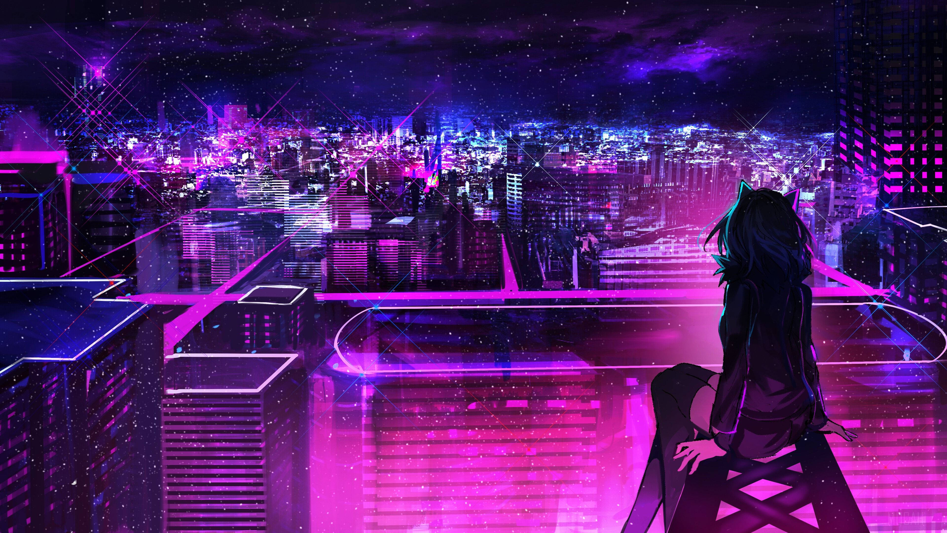 Msichana wa Anime wa Mjini wa Neon Rangi ya Zambarau Picha ya Ukuta