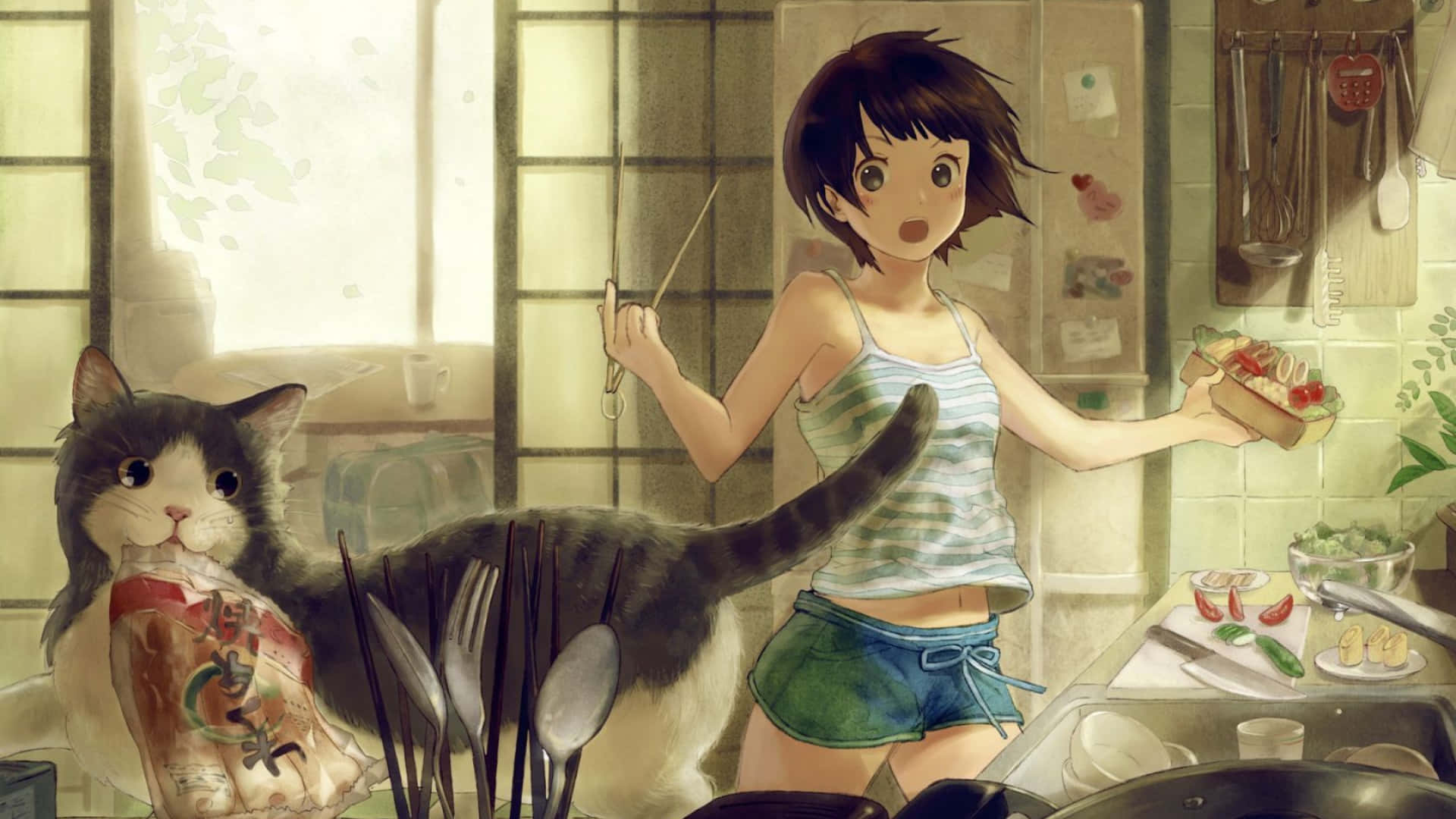 Msichana wa Anime Aliyeogopa 1920x1080 Usuli wa Jikoni Picha ya Ukuta