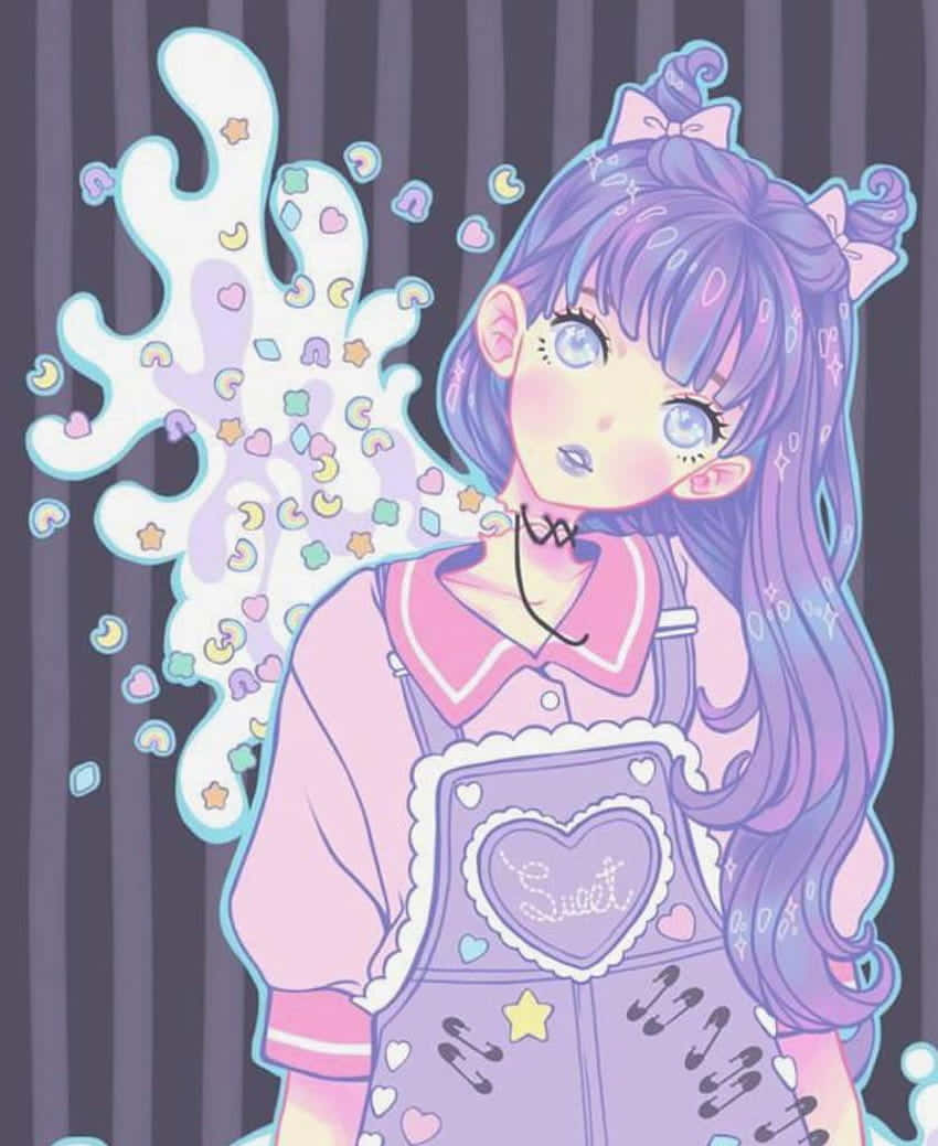 Msichana wa Anime wa Pastel Goth Amevaa Overali Picha ya Ukuta