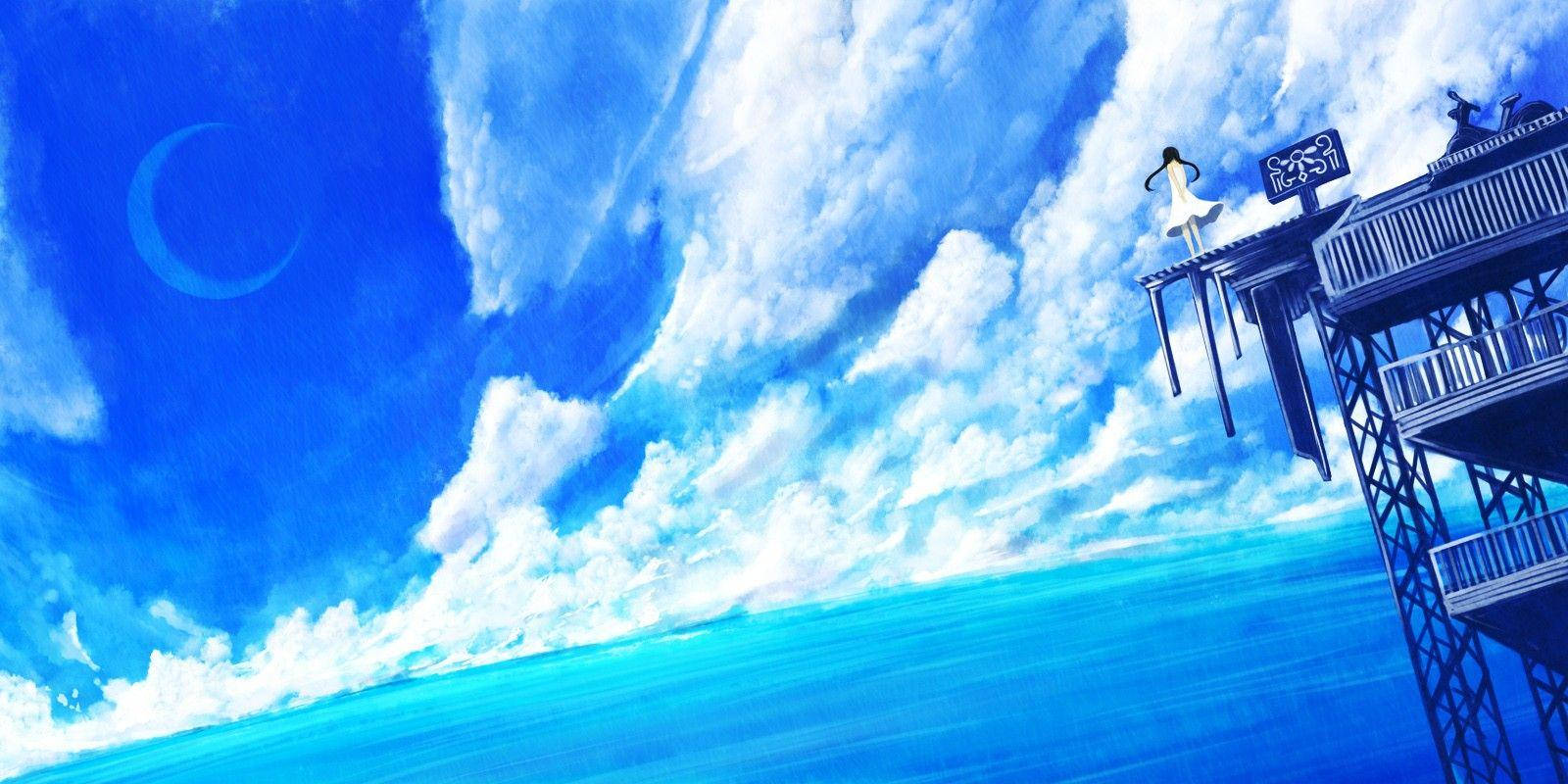 Msichana wa Anime Anayetazama Bahari ya Bluu Picha ya Ukuta