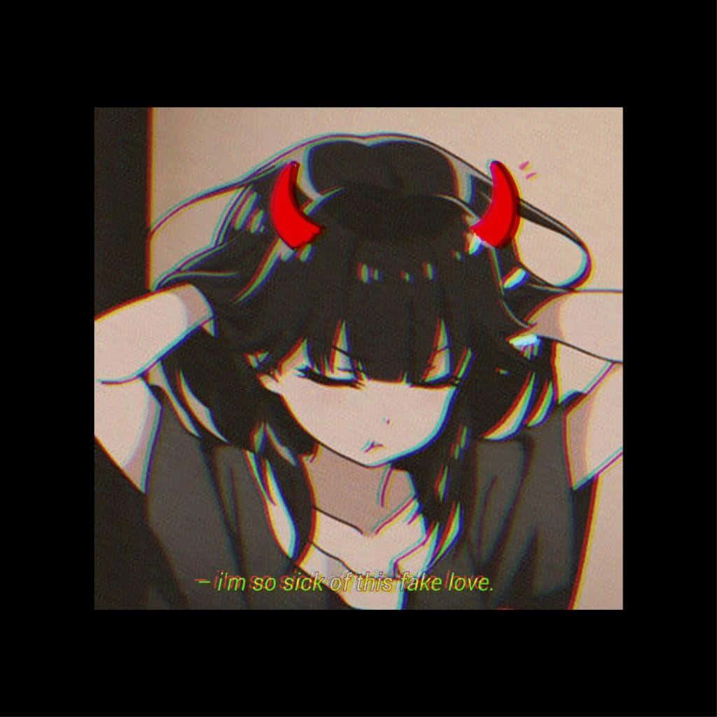 Msichana wa Anime wa Aesthetic Nyeusi Mwenye Pembe za Shetani Picha ya Ukuta