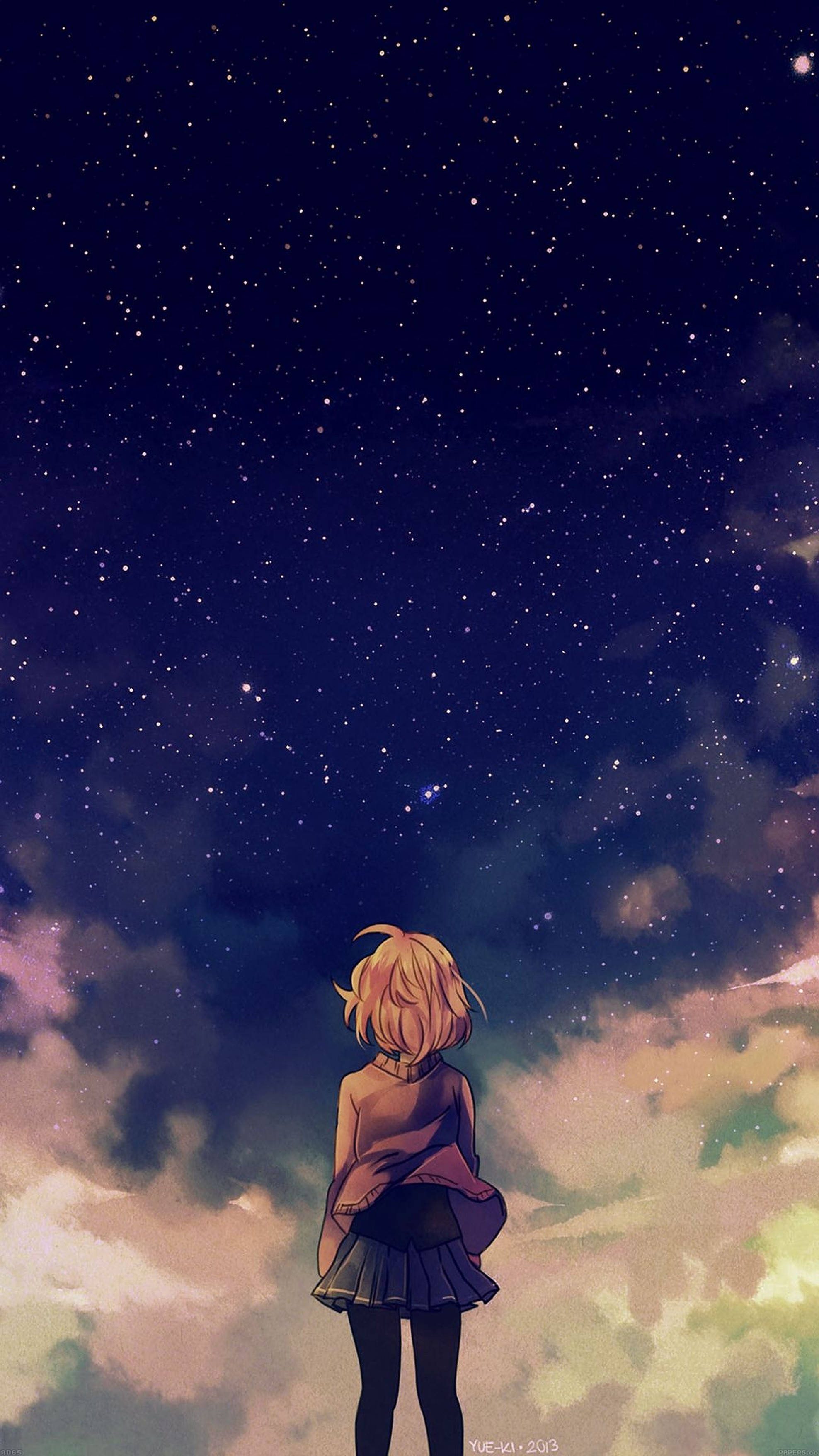 Msichana wa Anime Anga ya Nyota iPhone Picha ya Ukuta
