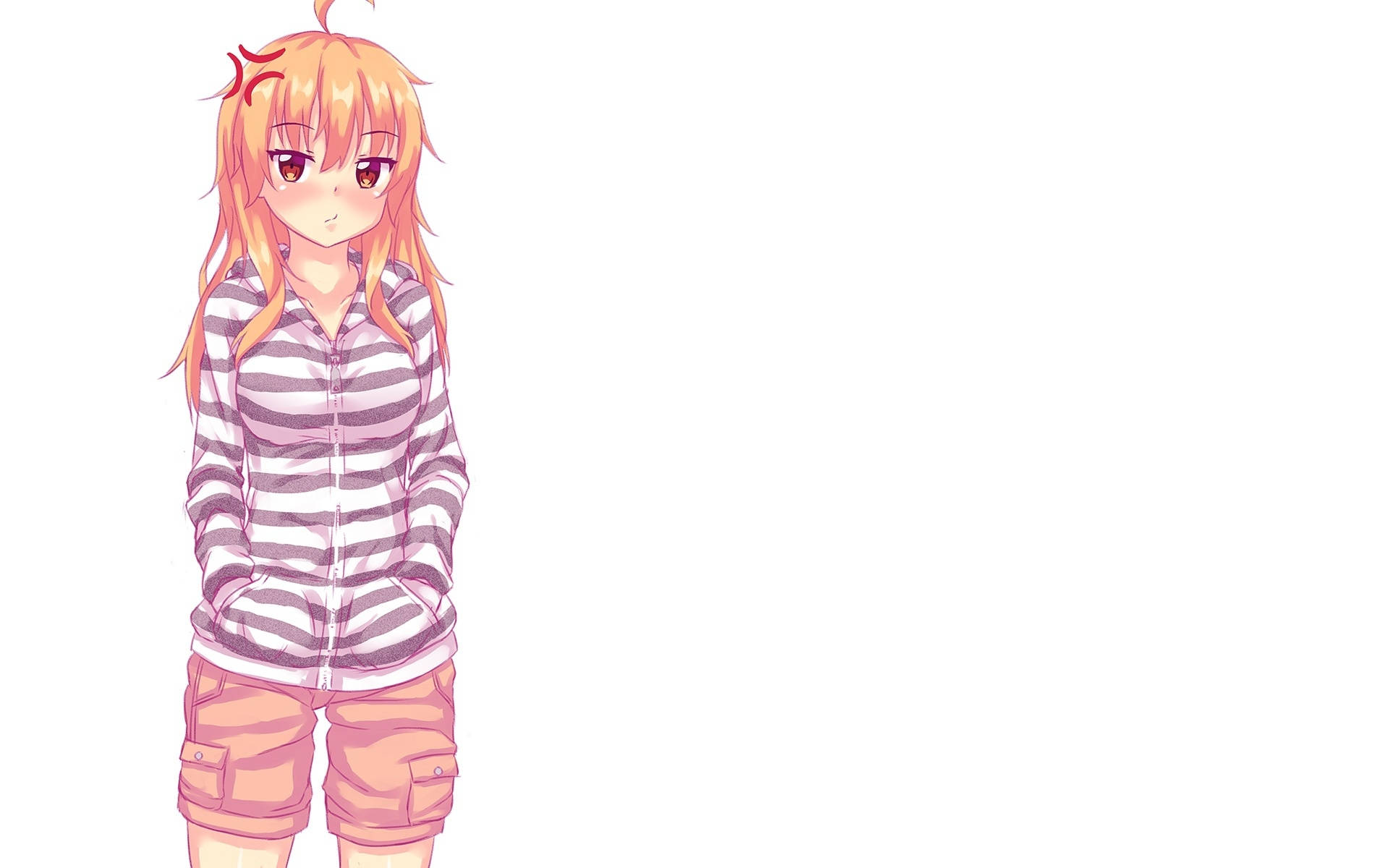 Msichana wa Anime Mwenye Nywele za Kimanjano Akiwa na Hoodie ya Mistari Picha ya Ukuta