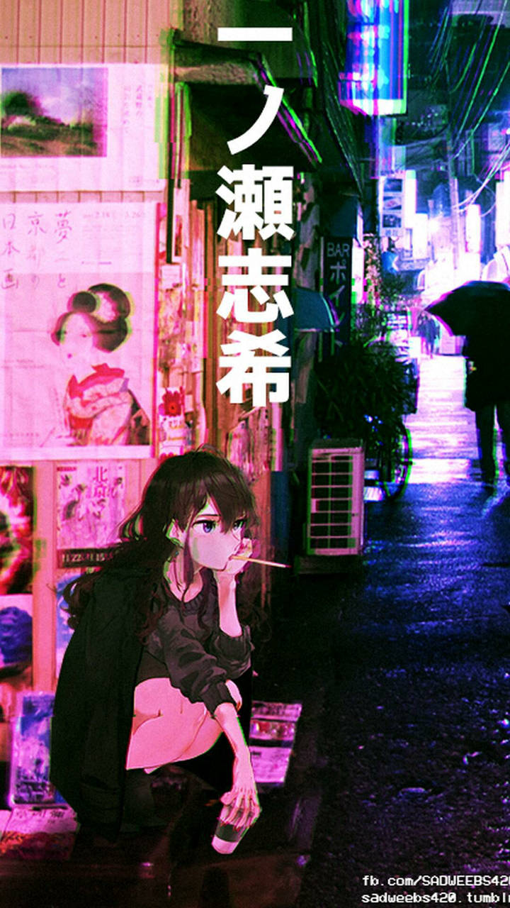 Msichana wa Anime Mwenye Huzuni Katika Mji wa Kijapani Aesthetic Picha ya Ukuta