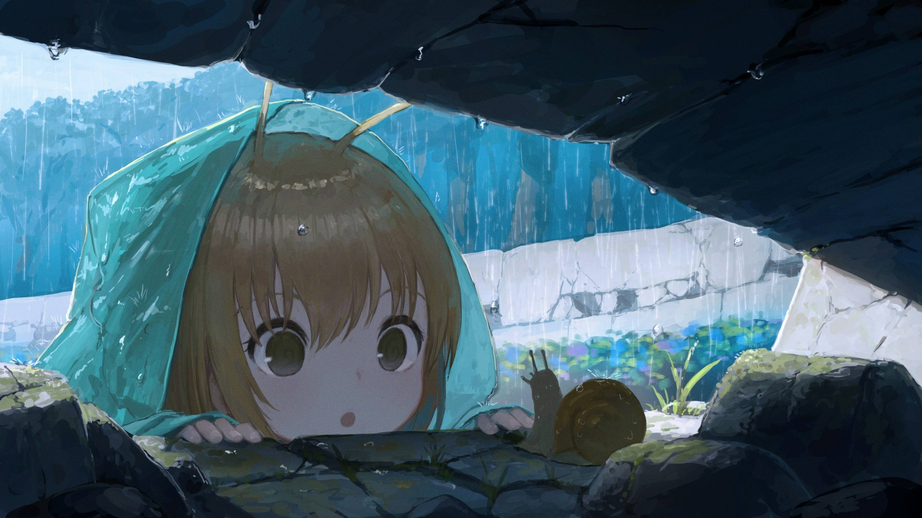 Msichana wa Anime Anavaa Hoodie na Konokono Picha ya Ukuta
