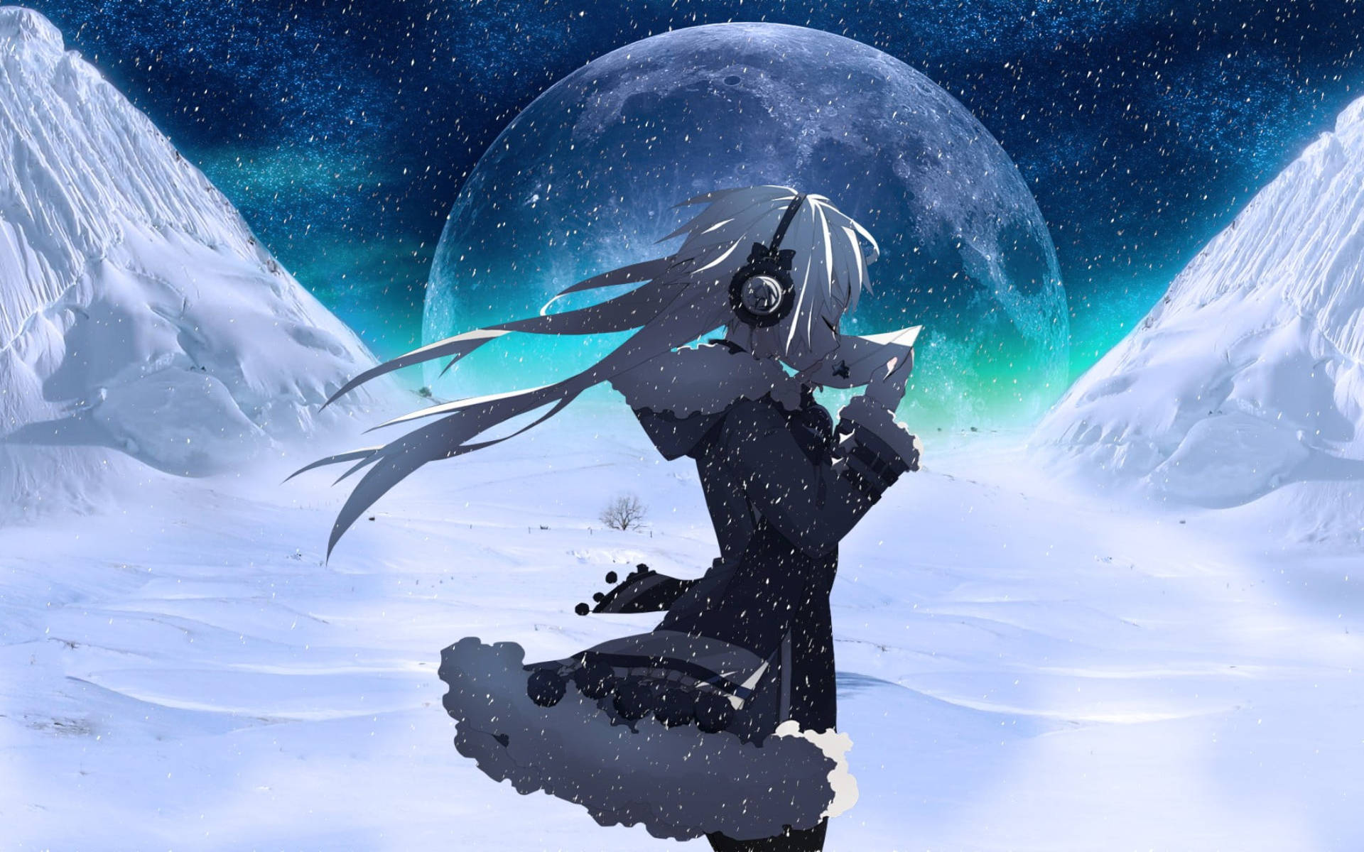 Msichana wa Anime Katika Mwezi wa Galaxy Picha ya Ukuta