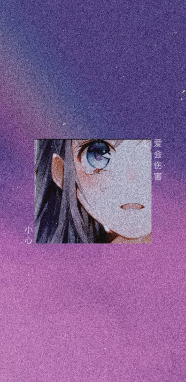 Msichana wa Anime Mwenye Huzuni na Rangi za Zambarau na Pinki Picha ya Ukuta