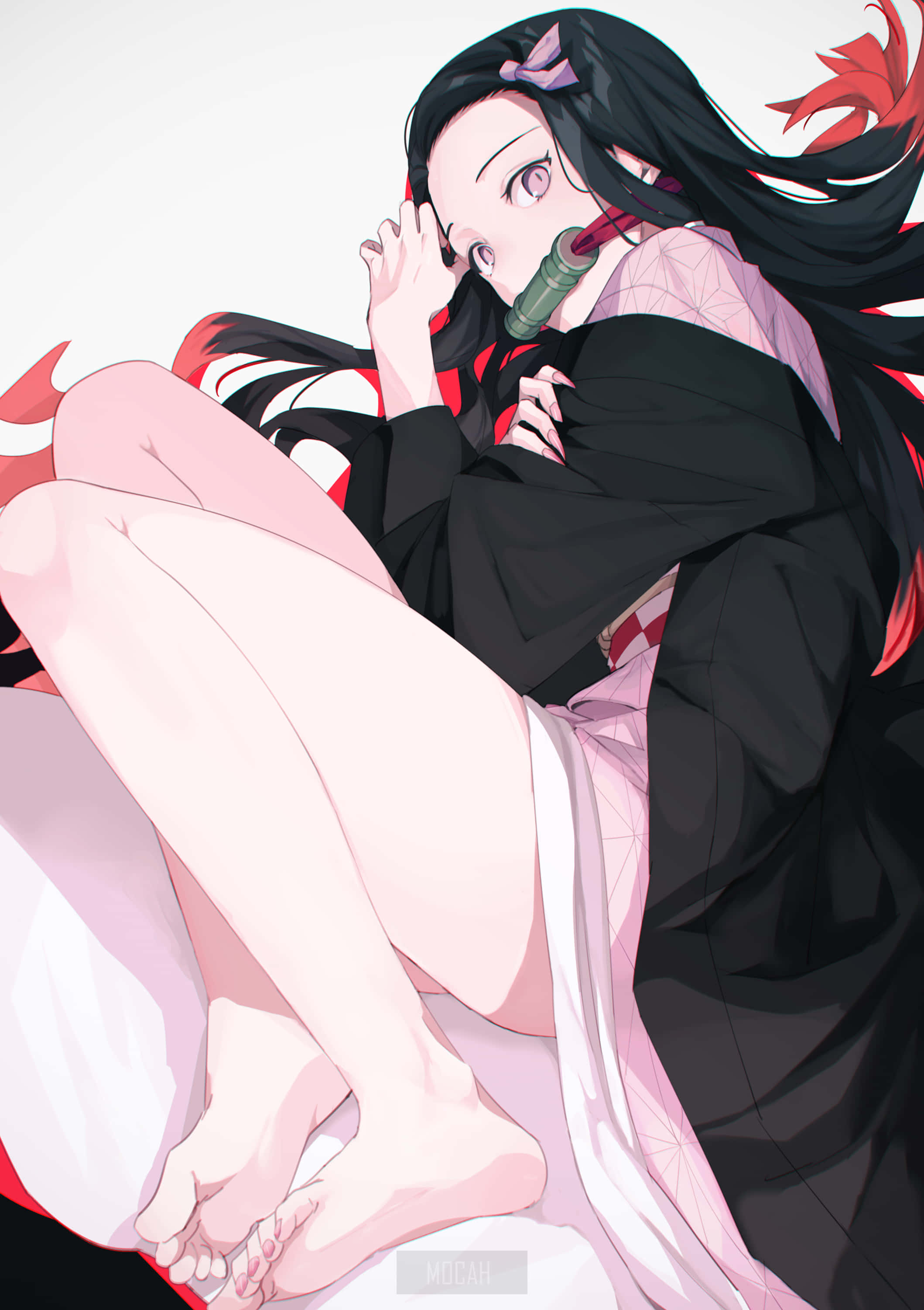 Msichana wa Anime Nezuko Kamado kutoka Demon Slayer Kimetsu No Yaibia Akiwa Amefichua Miguu Picha ya Ukuta