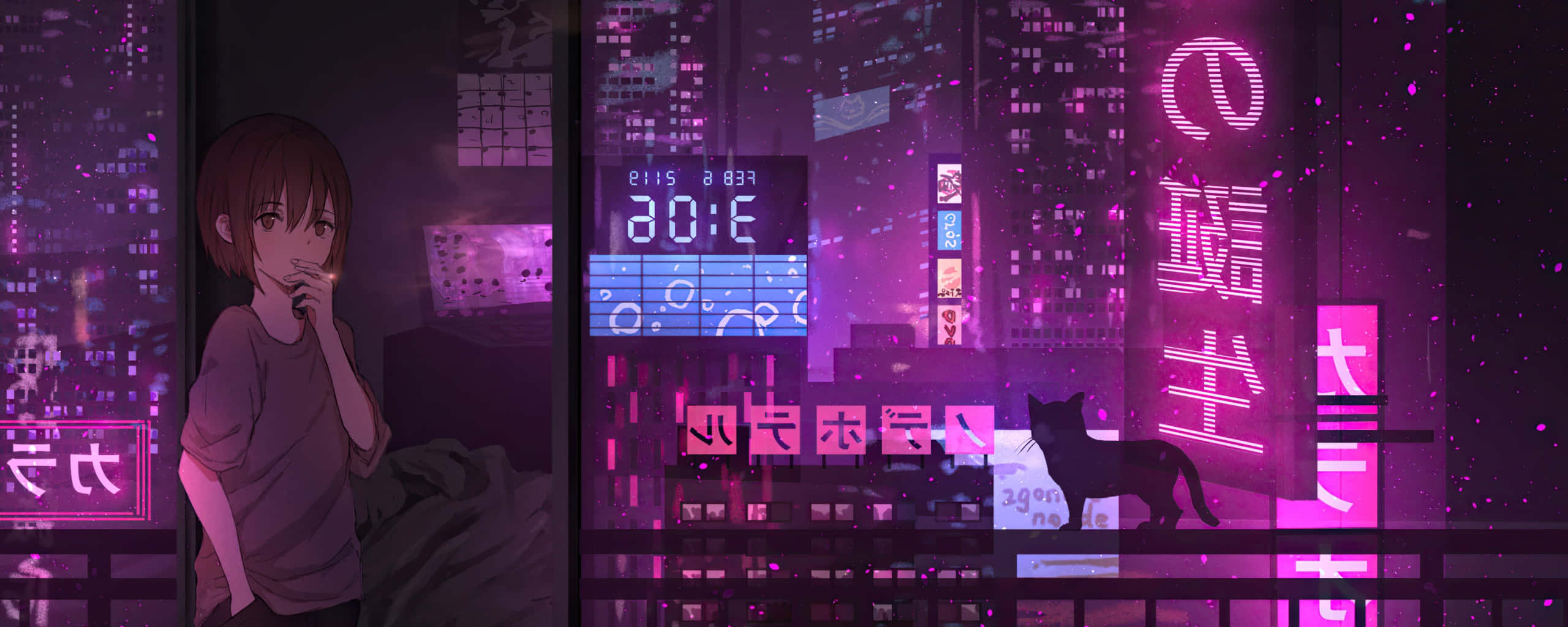 Msichana wa Anime Akivuta Sigara Mwanga wa Jiji la Cyberpunk Kwa Skrini Mbili Picha ya Ukuta