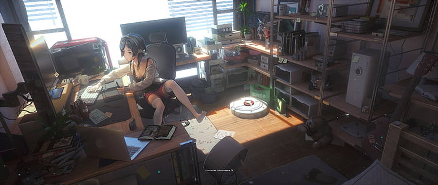 Msichana wa Anime Anakaa Kwa Raha Akifanya Kazi Kwenye Laptop Yake Picha ya Ukuta