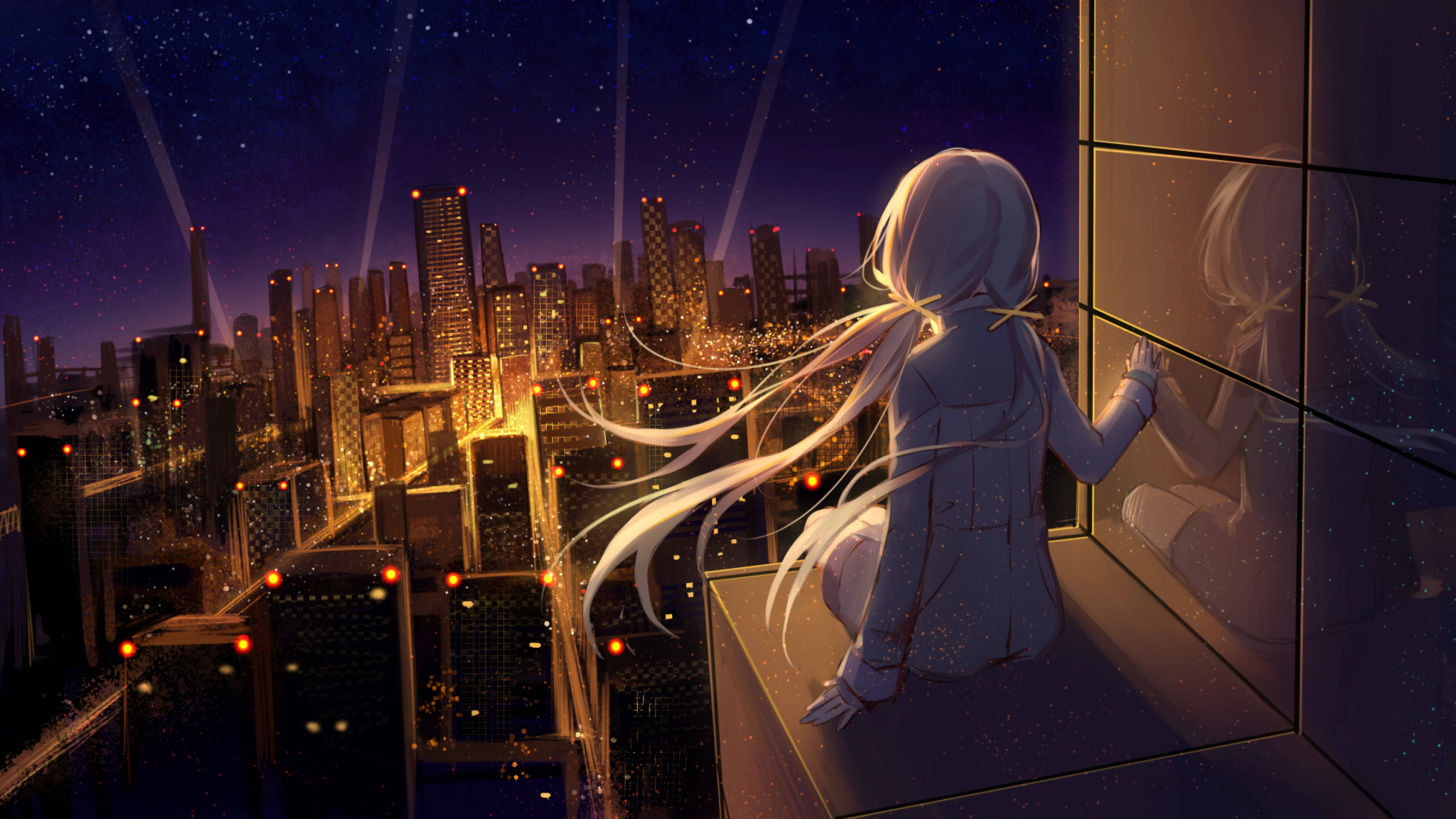 Msichana wa Anime wa 8K Akitazama Jiji Picha ya Ukuta