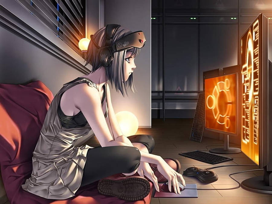 Msichana wa Anime Akiangalia Karibu na Skrini ya Laptop Picha ya Ukuta