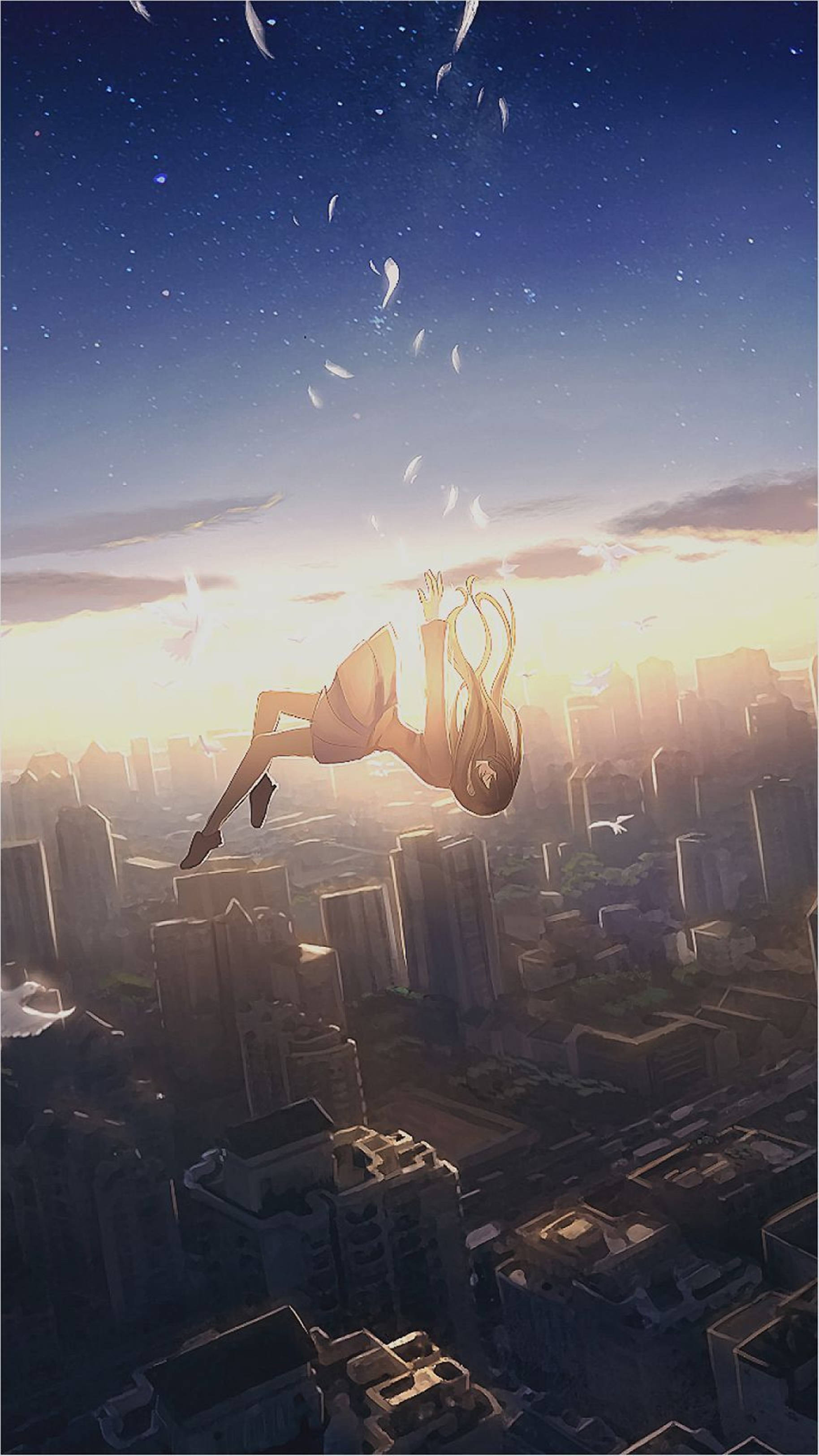 Msichana wa Anime Akianguka kutoka Angani Jijini 4K kwa iPhone Picha ya Ukuta