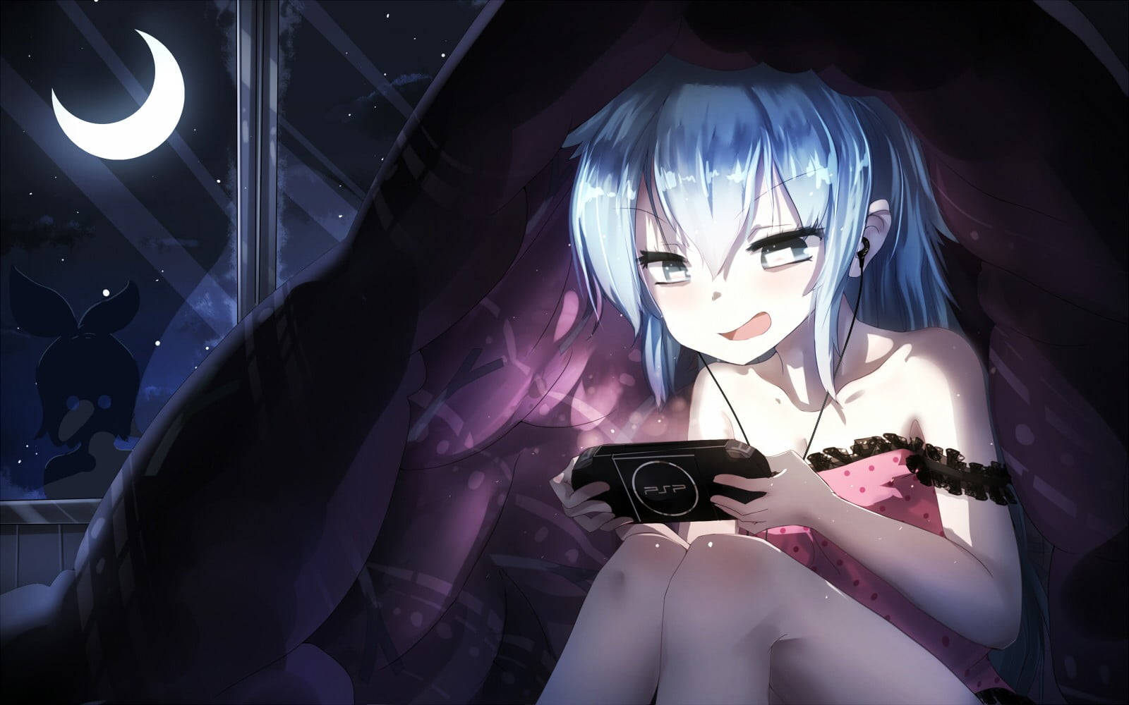 Msichana wa Anime Akicheza PSP Usiku Picha ya Ukuta