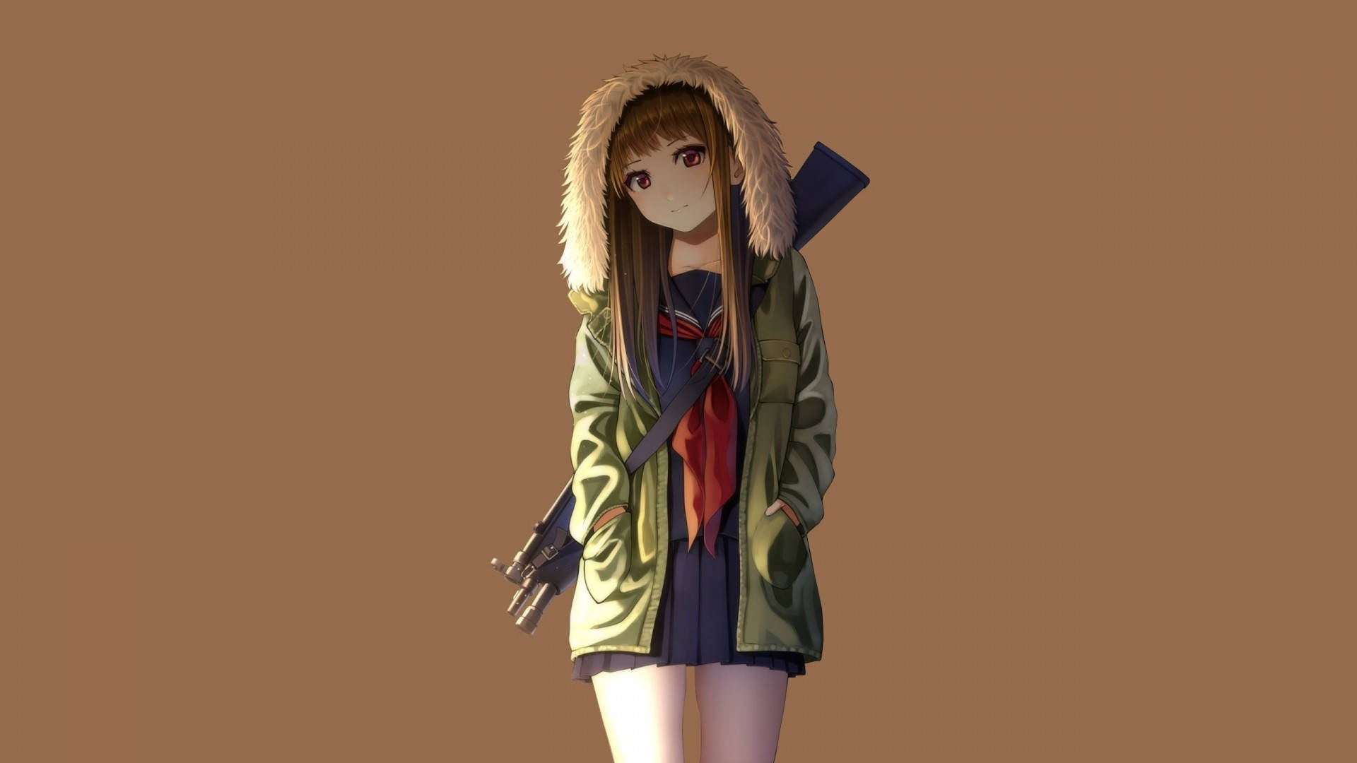 Msichana wa Anime Akiwa na Hoodie na Bunduki Picha ya Ukuta