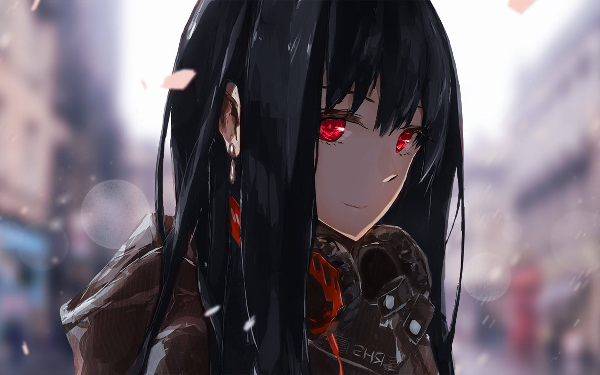 Msichana wa Anime Amevaa Hoodie na Macho Mekundu Picha ya Ukuta