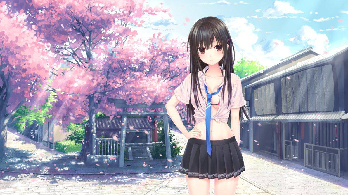 Msichana wa anime anatazama mbali akiwa amezungukwa na maua ya cherry Picha ya Ukuta
