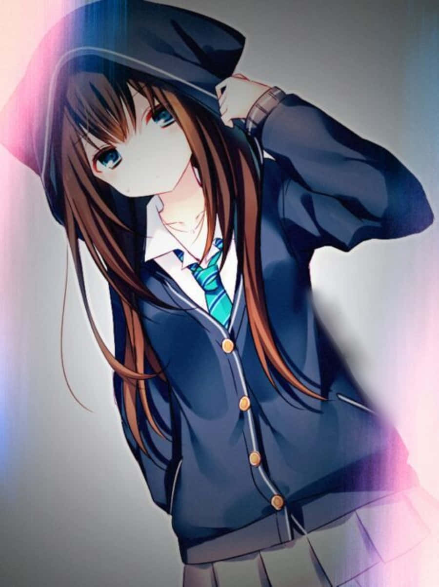 Msichana wa Anime Asili katika Hoodie ya Pinki Picha ya Ukuta