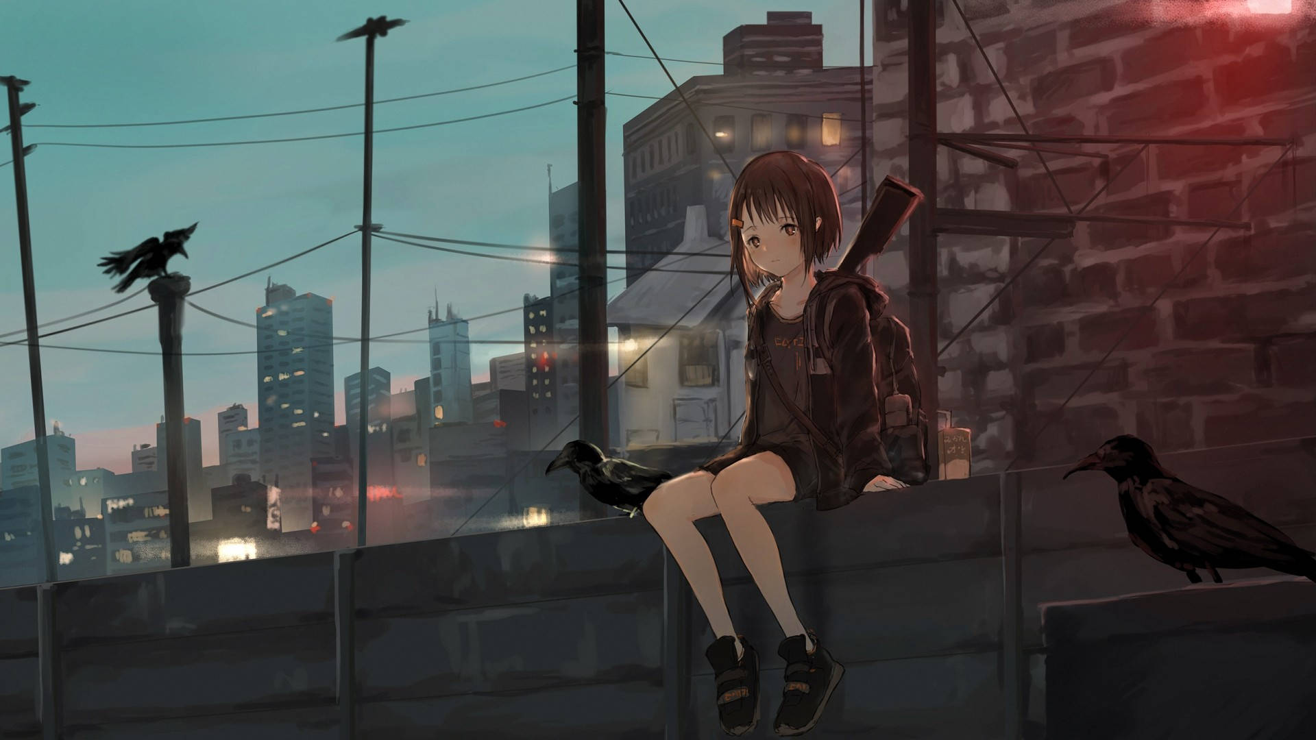 Msichana wa Anime Hoodie Barabarani Picha ya Ukuta