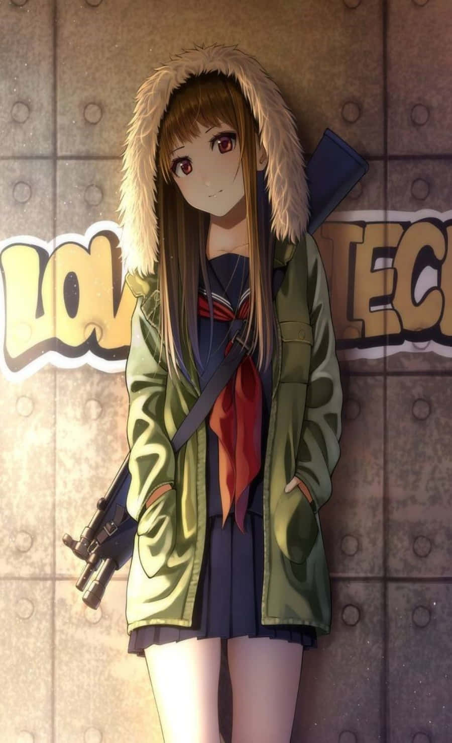 Msichana wa Anime katika Hoodie ya Mtindo Picha ya Ukuta