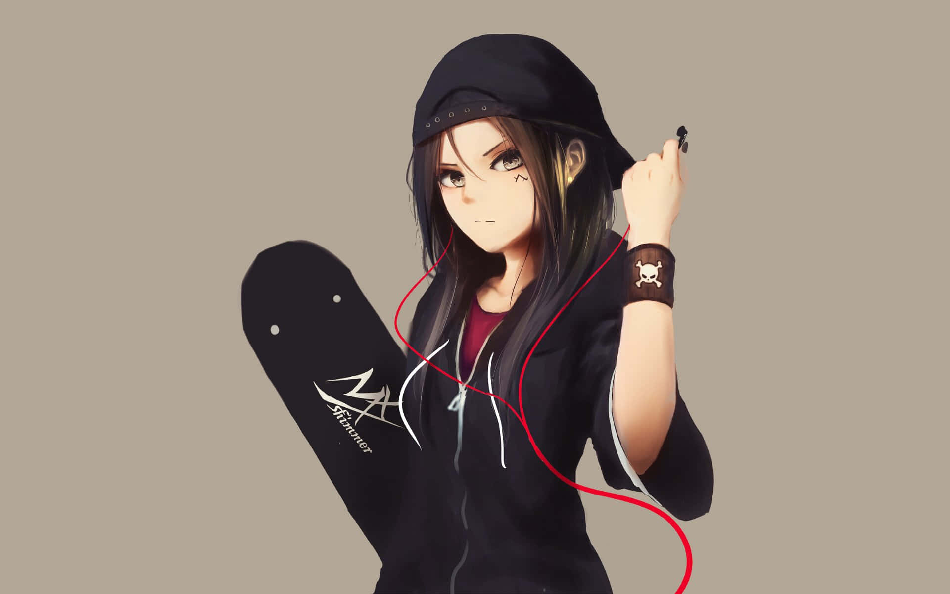 Msichana wa Anime maridadi amevaa hoodie nzuri. Picha ya Ukuta