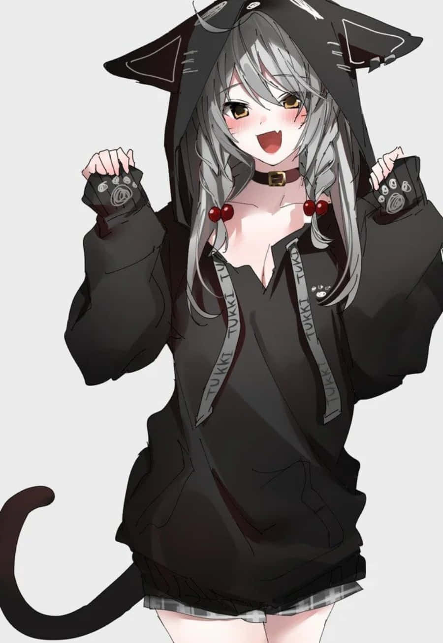Msichana wa anime maridadi na mtindo akiwa na hoodie nzuri Picha ya Ukuta