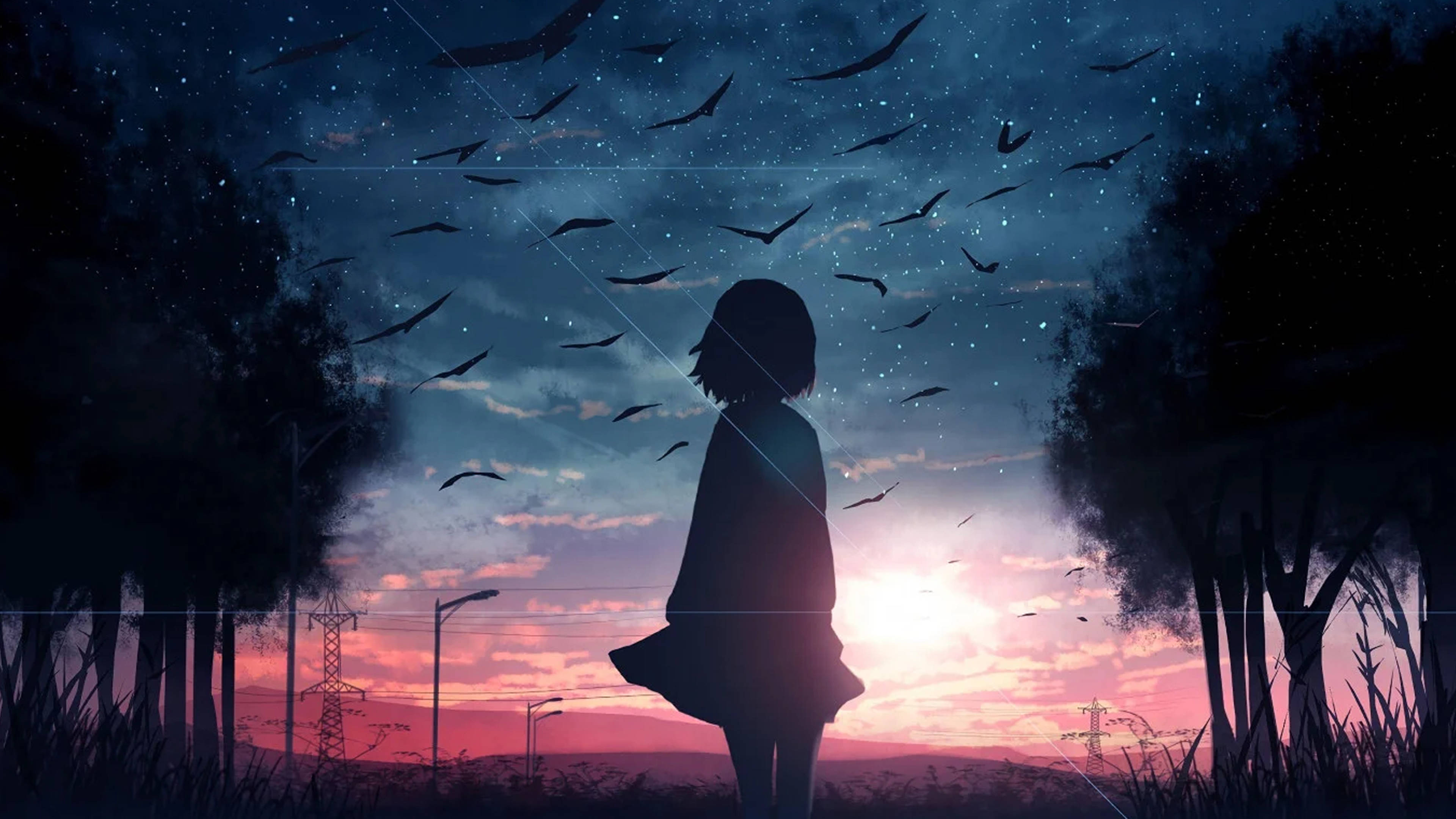 Msichana wa Anime Mwenye Huzuni 4K Anatazama Anga Picha ya Ukuta
